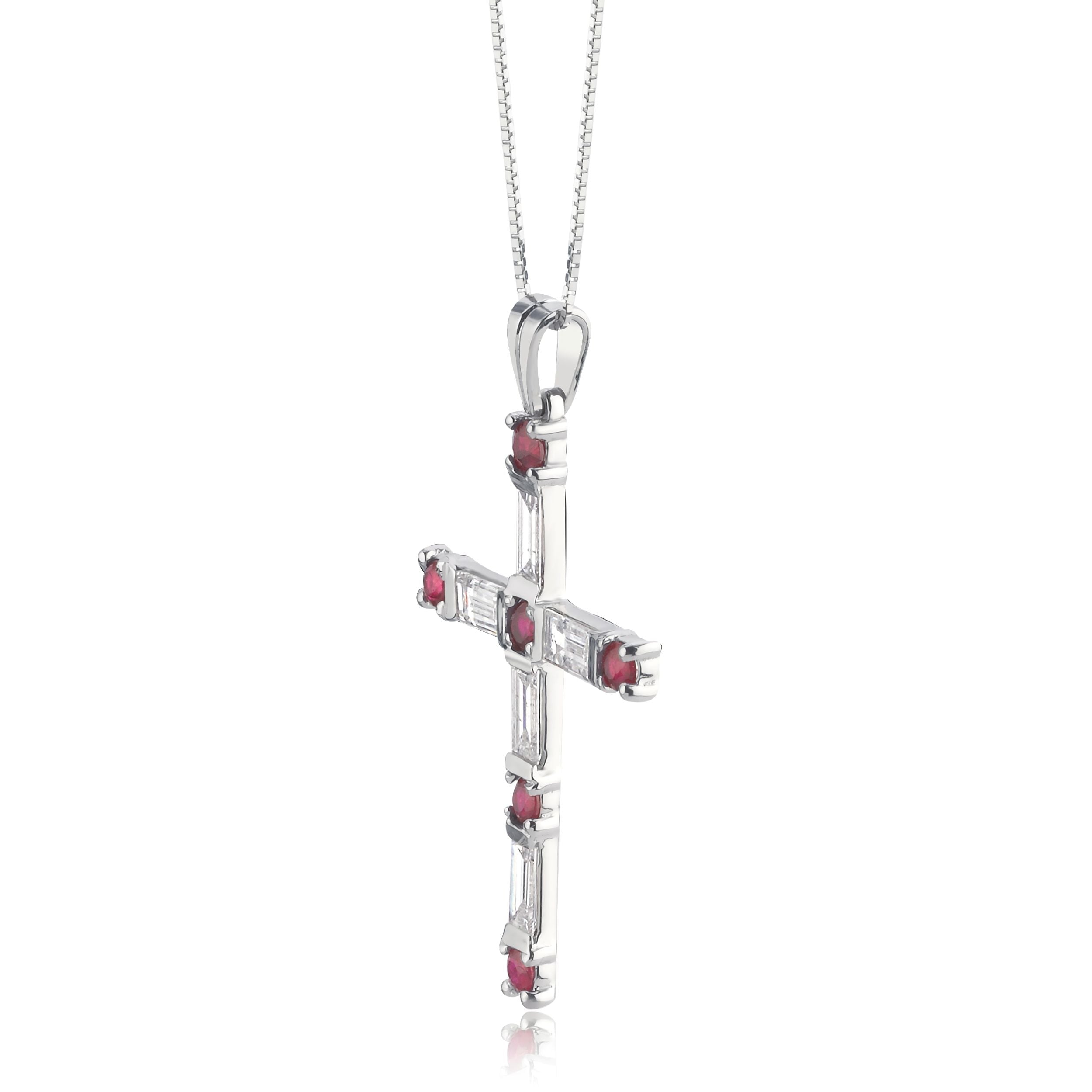 Colier cruce LRCR605 din aur alb 14k cu rubine 0.47ct si diamante naturale 0.92ct