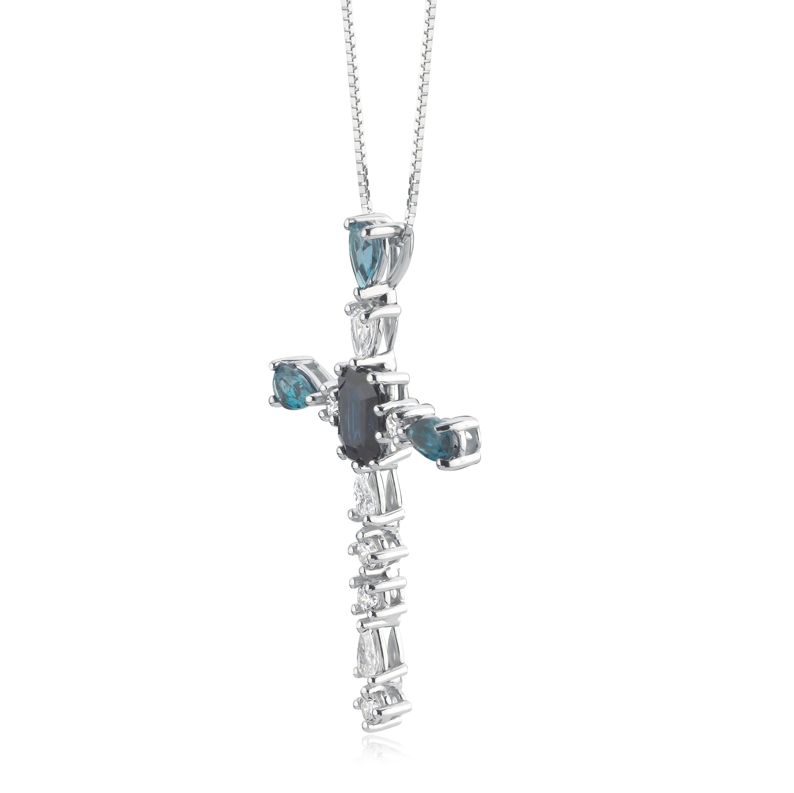 Colier cruce LRCR606 din aur alb 14k cu safire, diamante naturale si london blue topaz