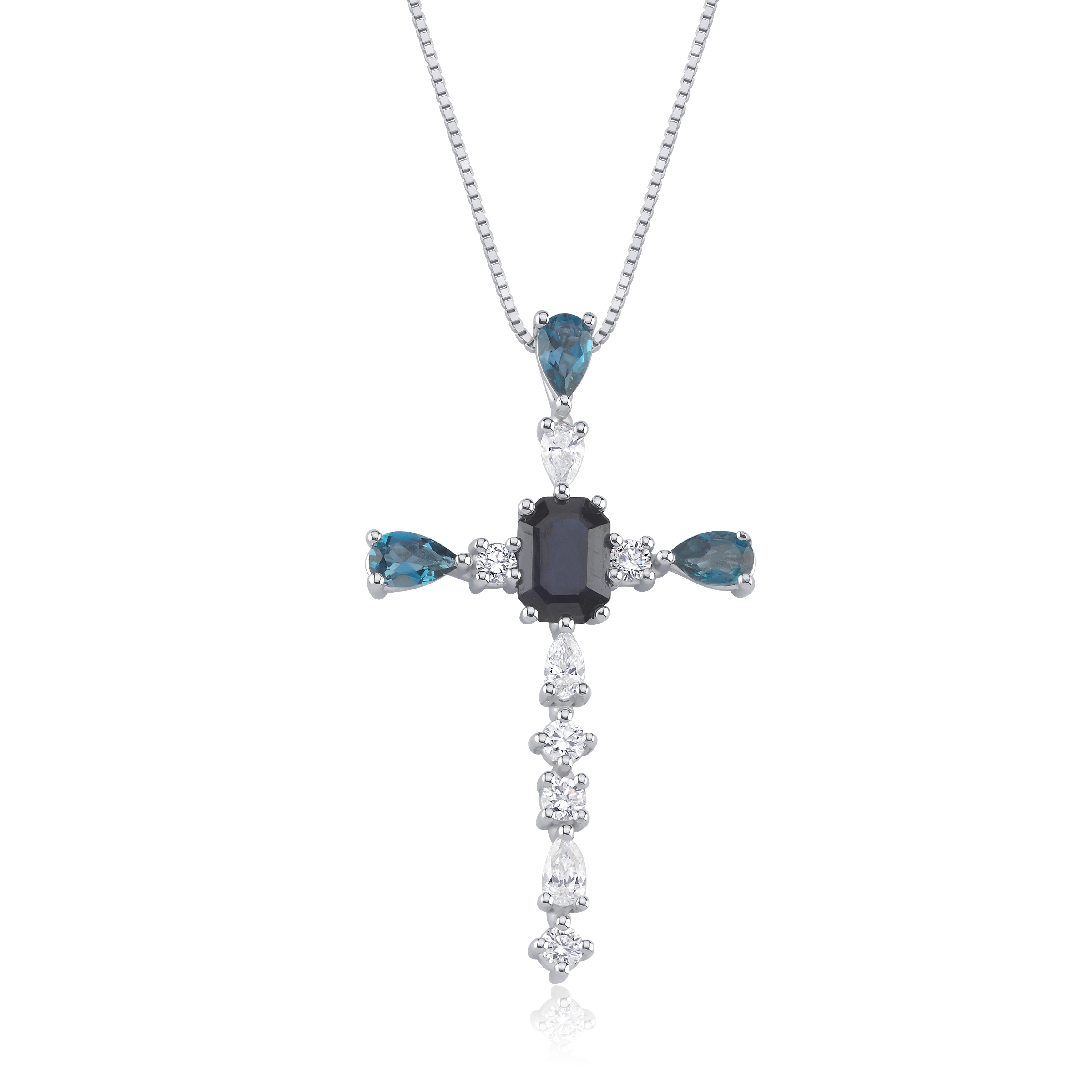 Colier cruce LRCR606 din aur alb 14k cu safire, diamante naturale si london blue topaz