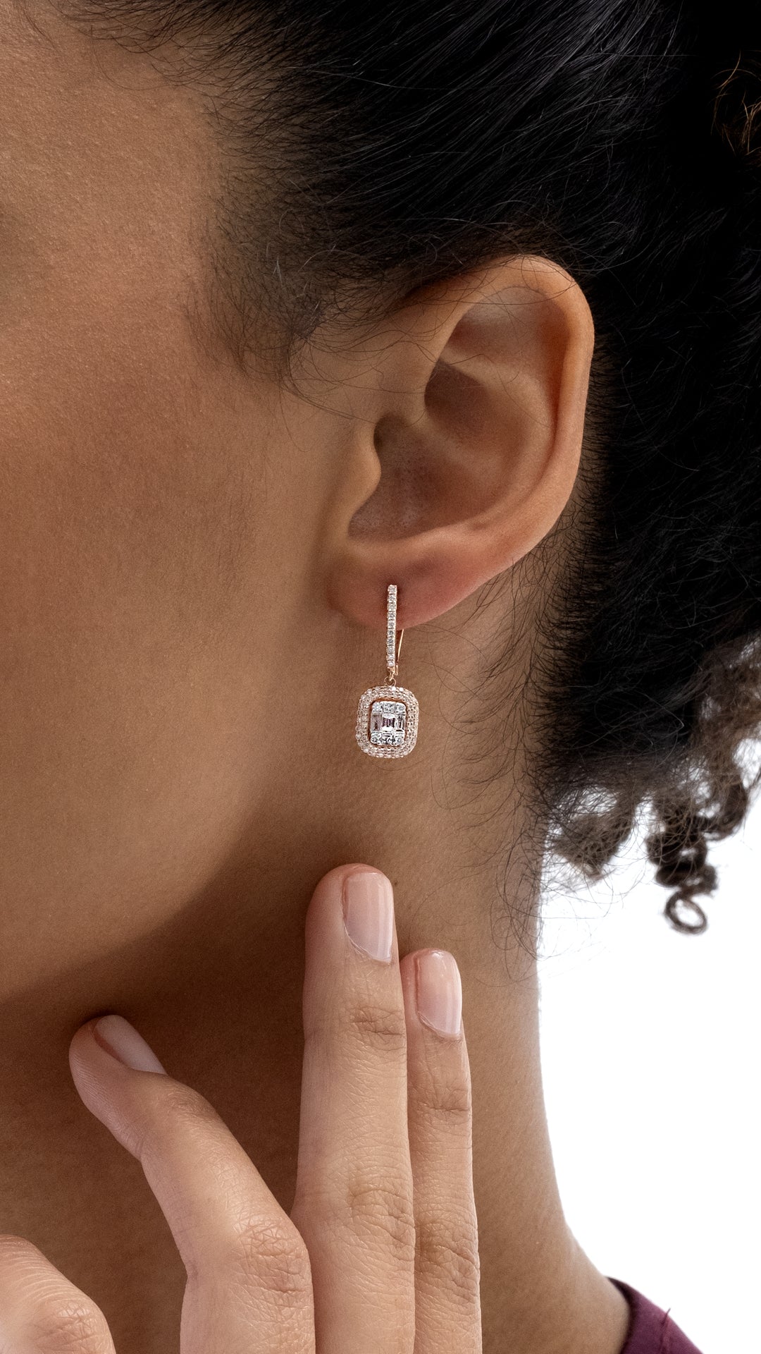 Cercei MD30357 din aur roz 14k forma dreptunghi cu diamante baguette - Bijuterii LA ROSA