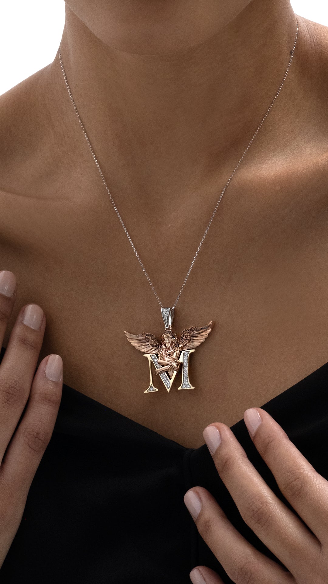 Colier ANG-001 initala M din aur alb galben si roz 14k cu diamante - Bijuterii LA ROSA