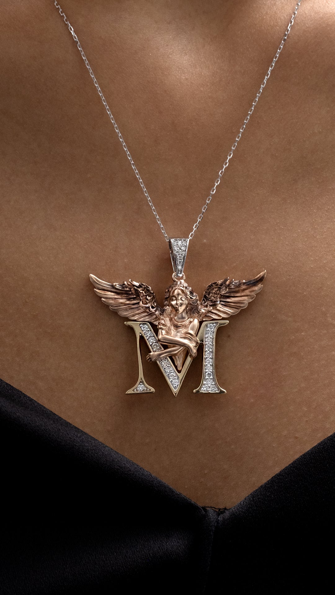 Colier ANG-001 initala M din aur alb galben si roz 14k cu diamante - Bijuterii LA ROSA