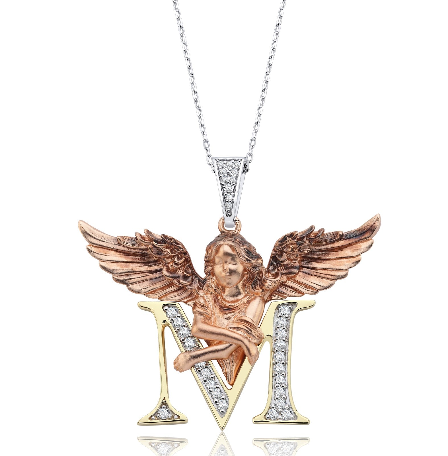 Colier ANG-001 initala M din aur alb galben si roz 14k cu diamante - Bijuterii LA ROSA