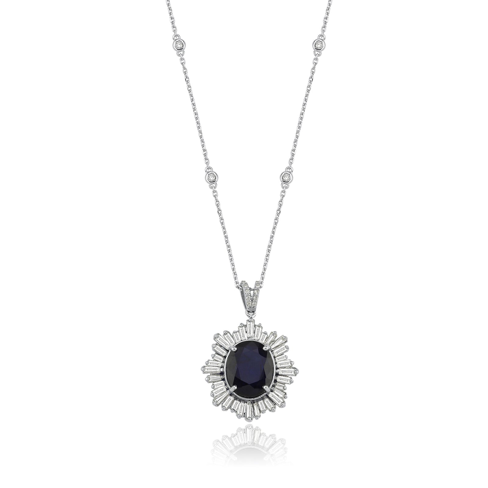 Colier CN1055M din aur alb 14k cu diamante si safir - Bijuterii LA ROSA