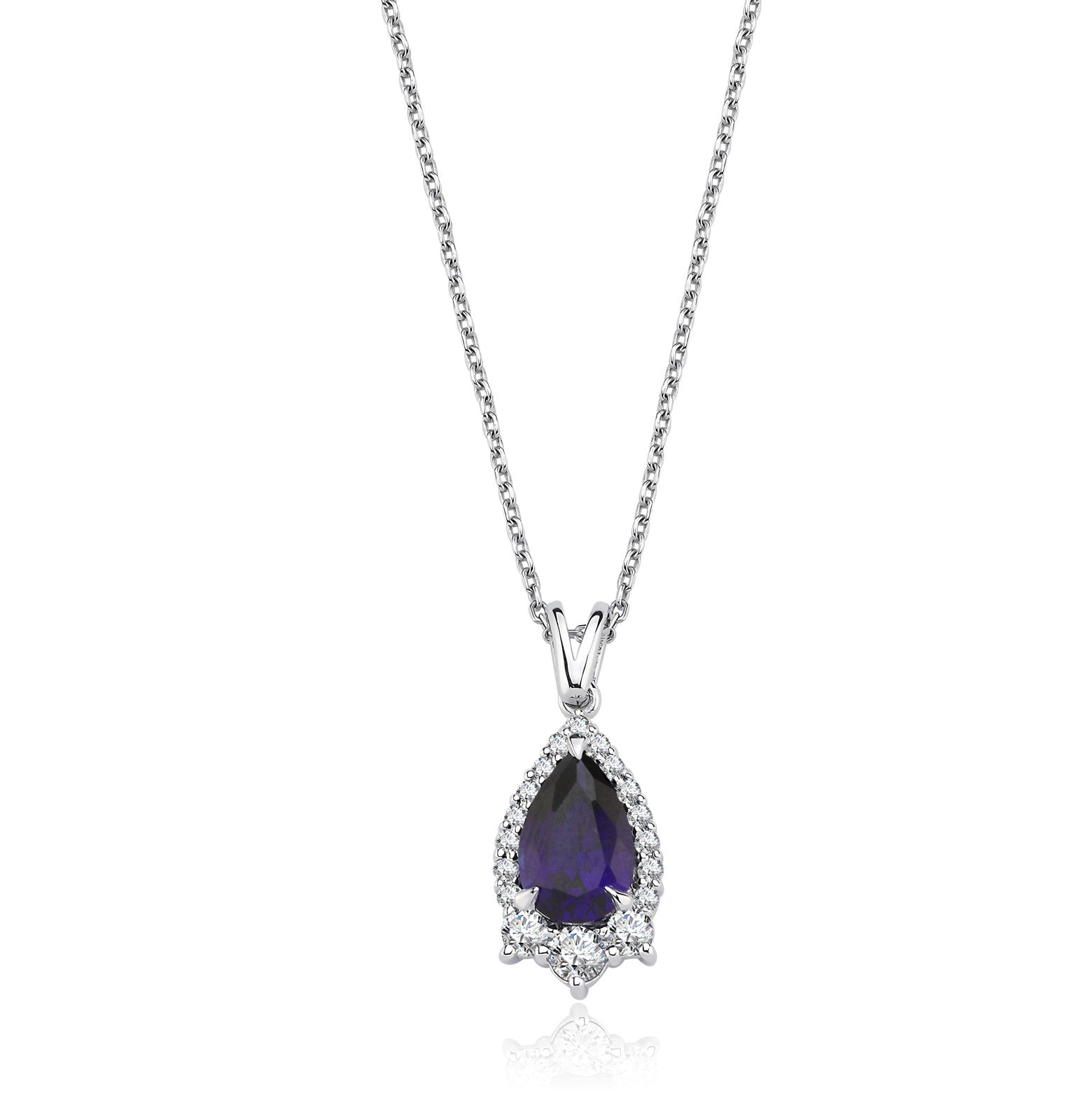 Colier MD44921 din aur alb 14k cu safir forma lacrima si diamante - Bijuterii LA ROSA