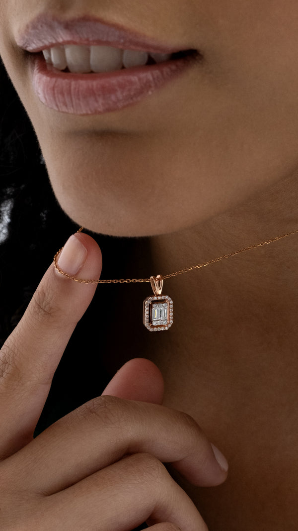 Colier MD45484 din aur roz 14k forma dreptunghi cu diamante baguette - Bijuterii LA ROSA