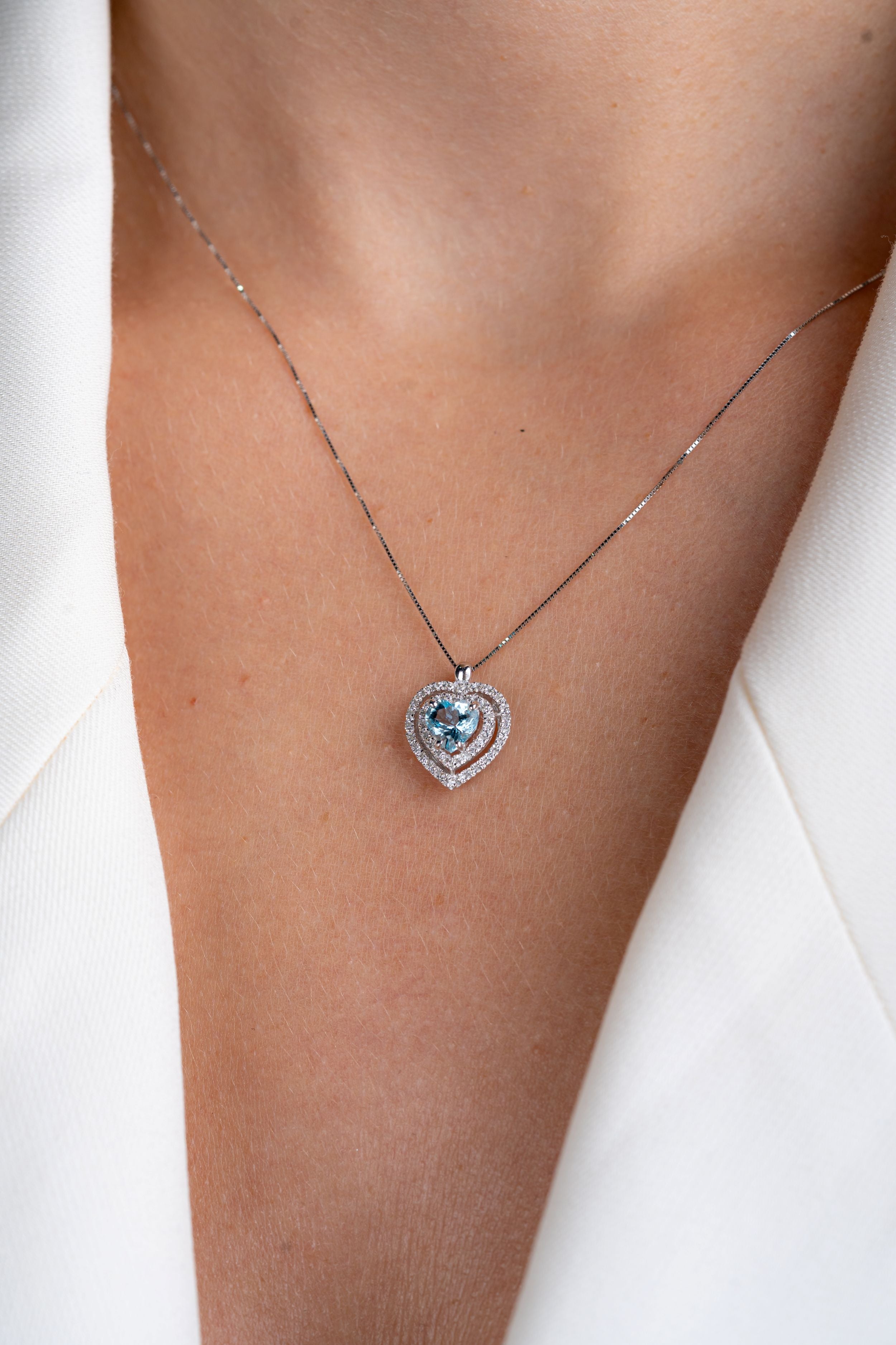 Colier inima LRSC2979 aur alb 18k cu aquamarin 0.72ct si diamante naturale 0.18ct