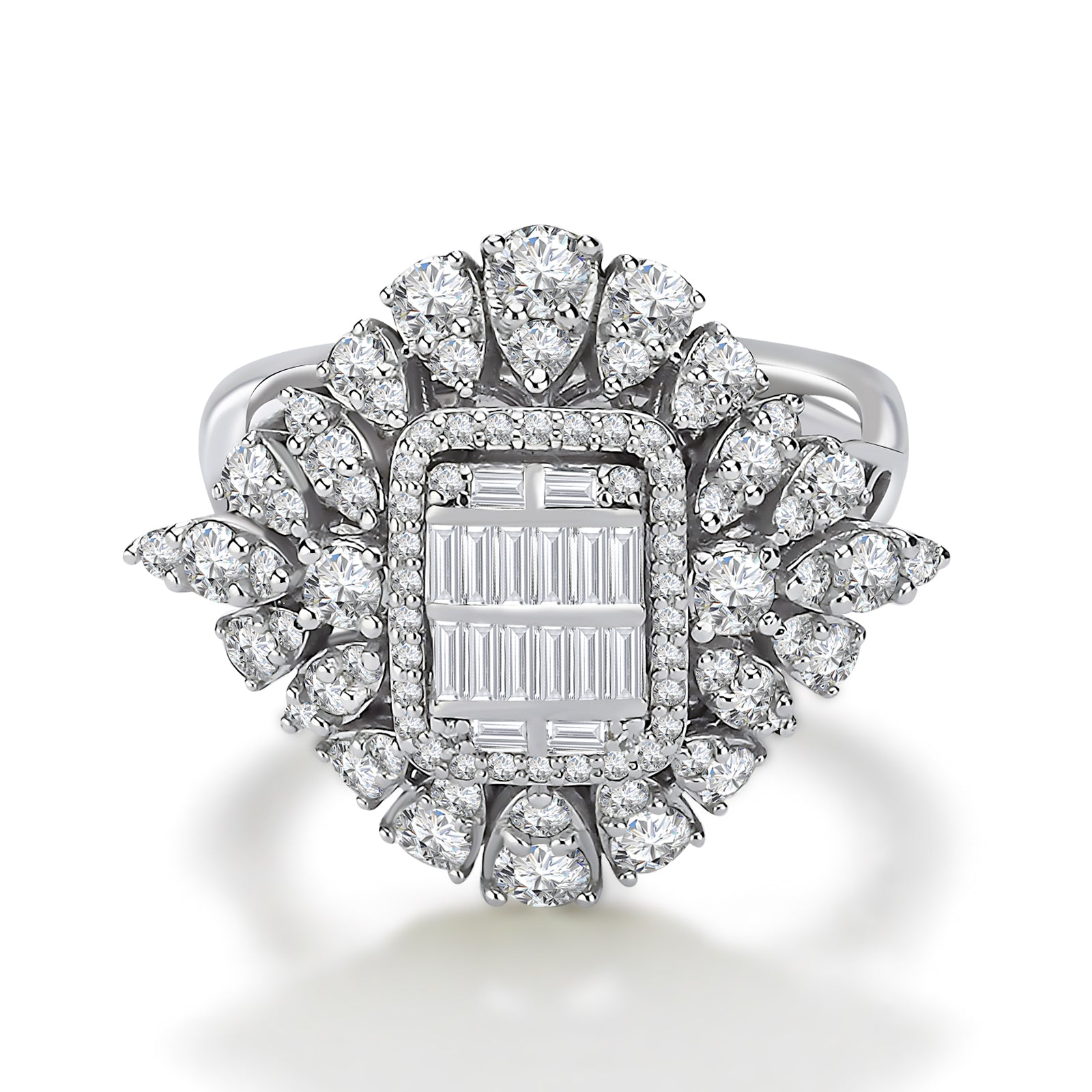Inel MD27301 din aur alb 14k forma floare cu diamante baguette - Bijuterii LA ROSA