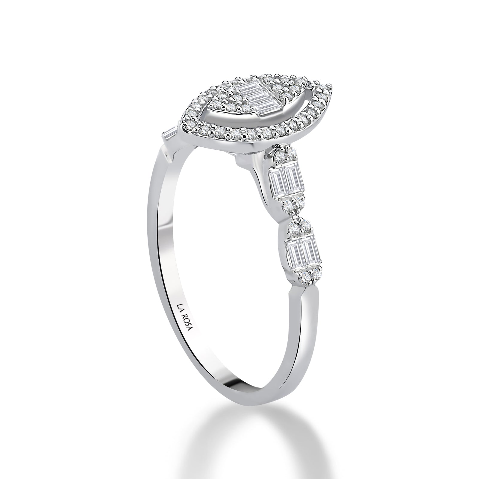 Inel MD34588 din aur alb 14k forma marquise cu diamante baguette - Bijuterii LA ROSA