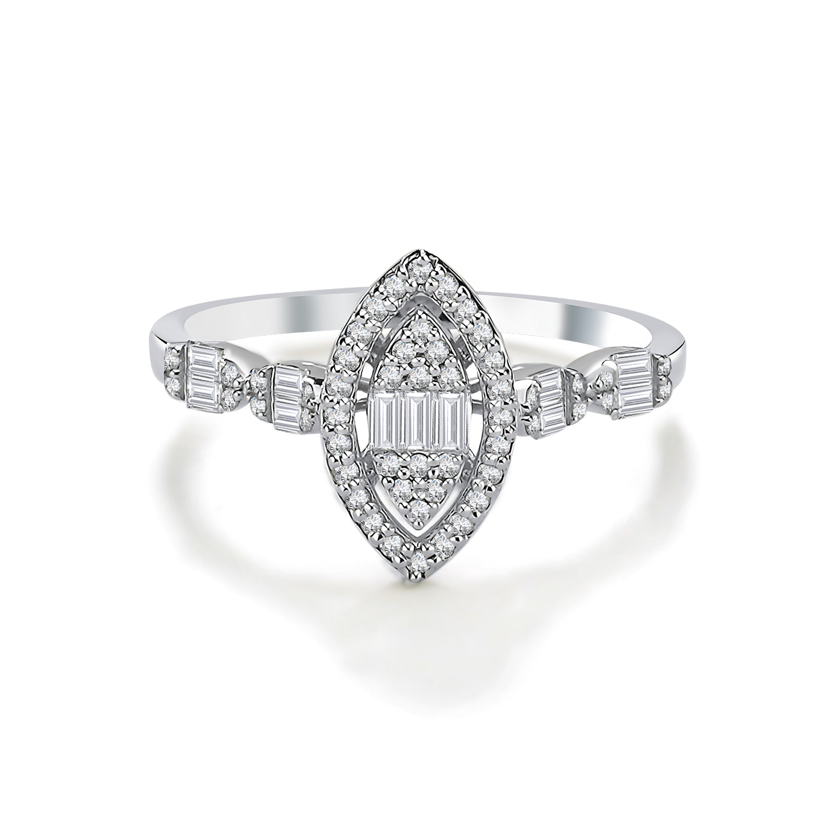 Inel MD34588 din aur alb 14k forma marquise cu diamante baguette - Bijuterii LA ROSA