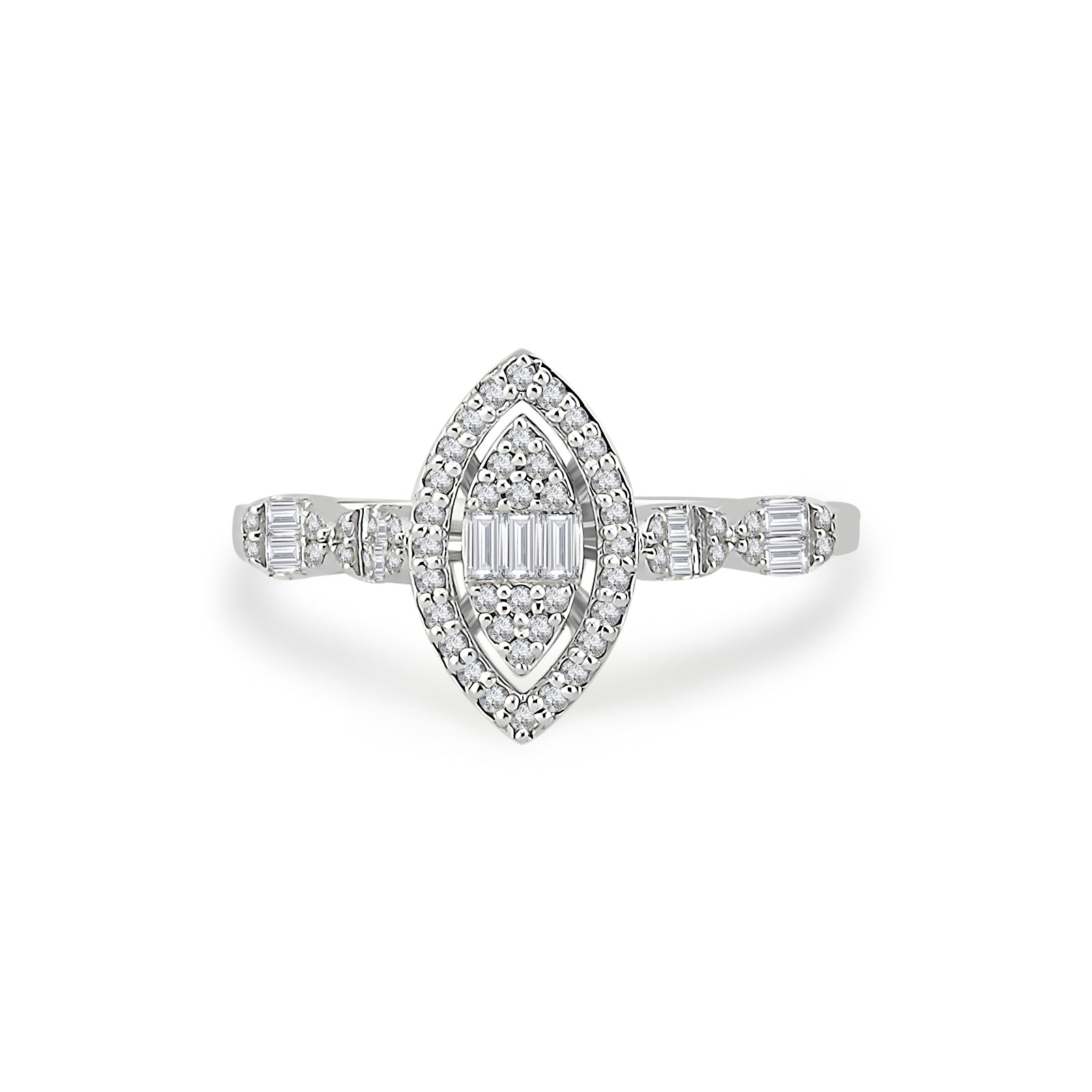 Inel MD34588 din aur alb 14k forma marquise cu diamante baguette - Bijuterii LA ROSA