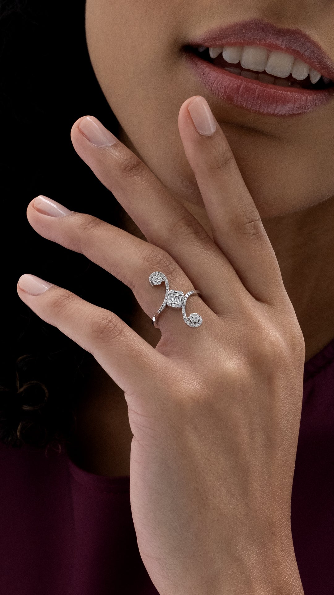 Inel MD45022 forma ondulata din aur alb 14k cu diamante - Bijuterii LA ROSA