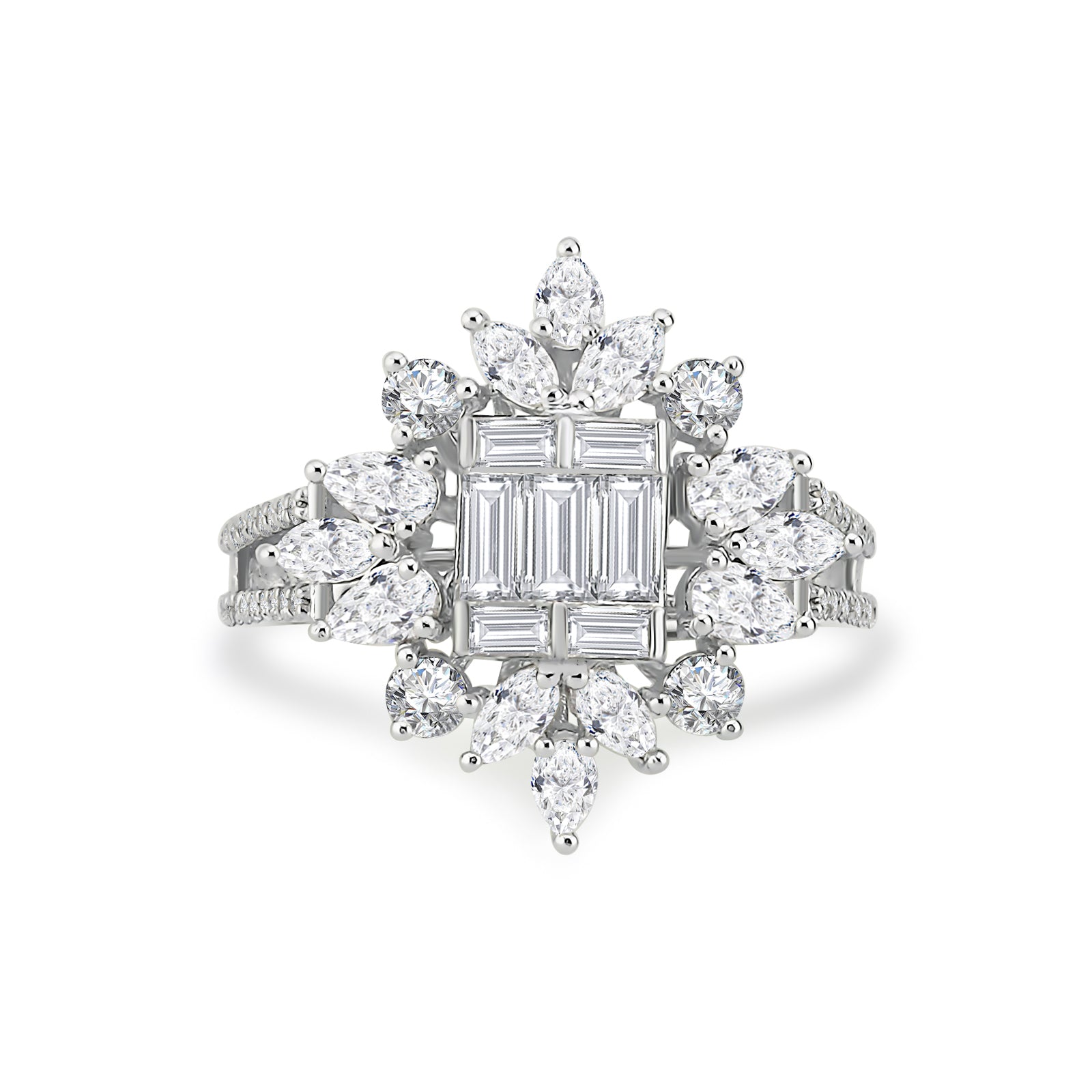 Inel MD54250 din aur alb 14k cu diamante marquise si baguette - Bijuterii LA ROSA