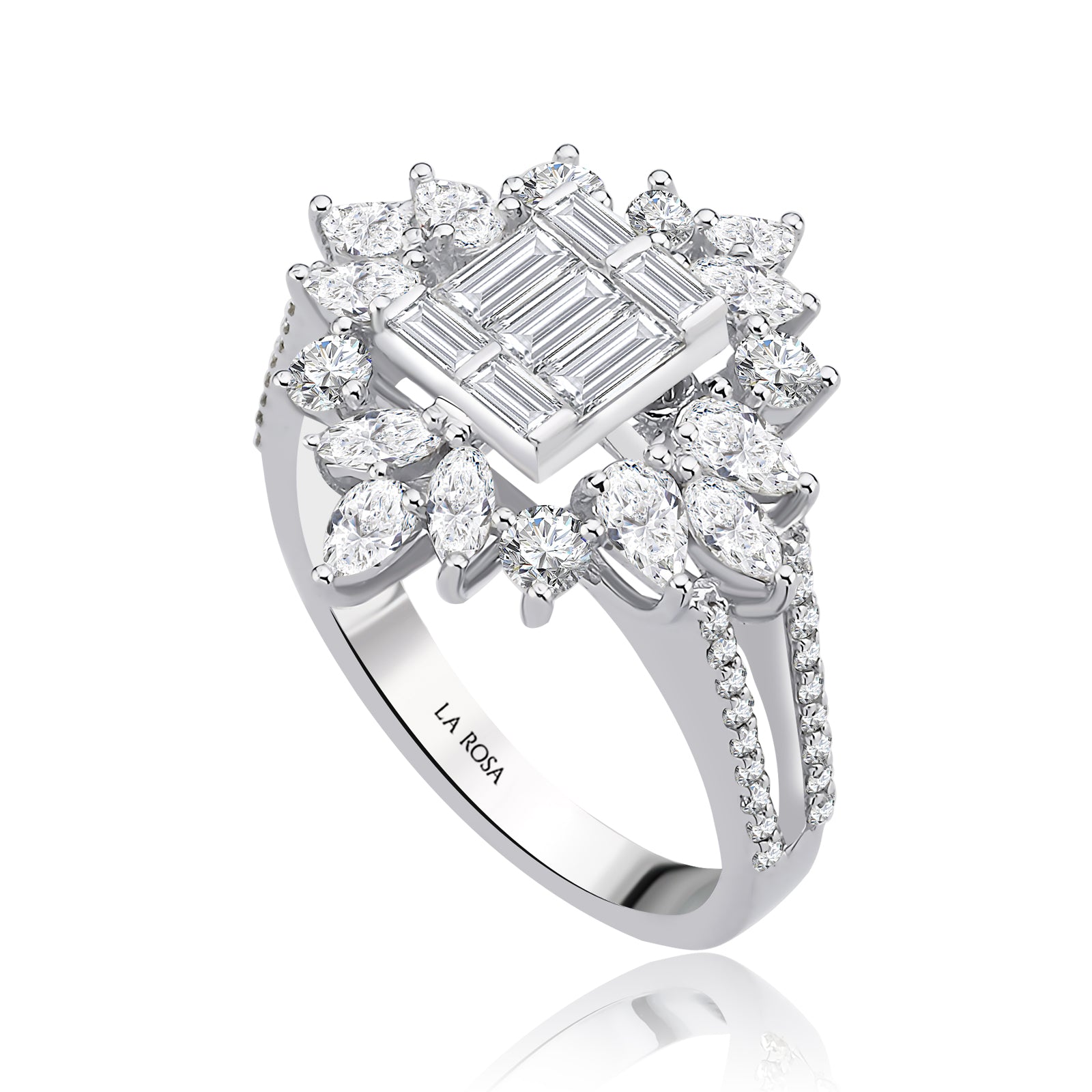 Inel MD54250 din aur alb 14k cu diamante marquise si baguette - Bijuterii LA ROSA