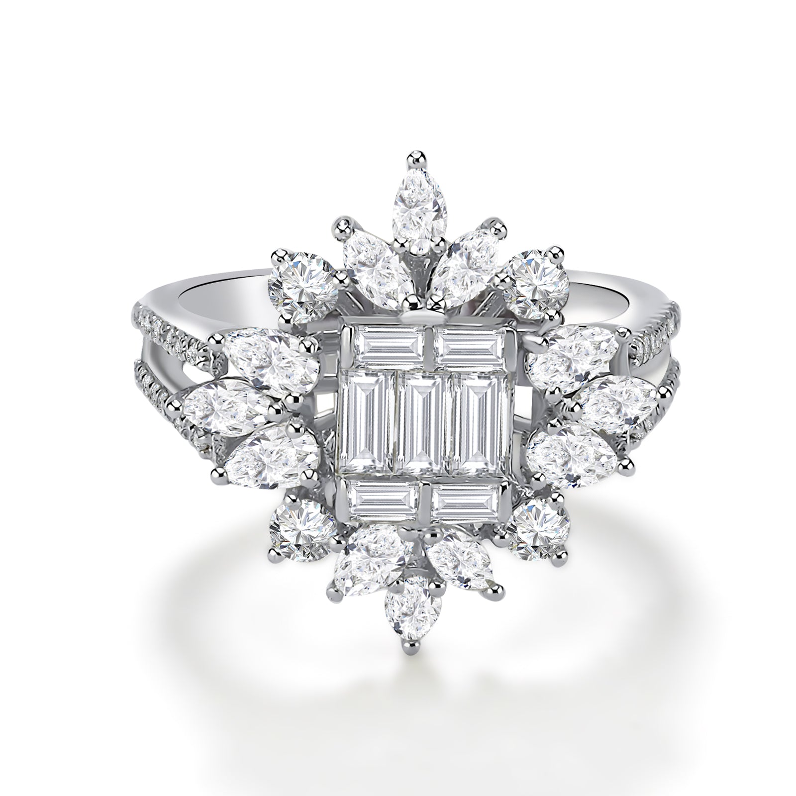 Inel MD54250 din aur alb 14k cu diamante marquise si baguette - Bijuterii LA ROSA