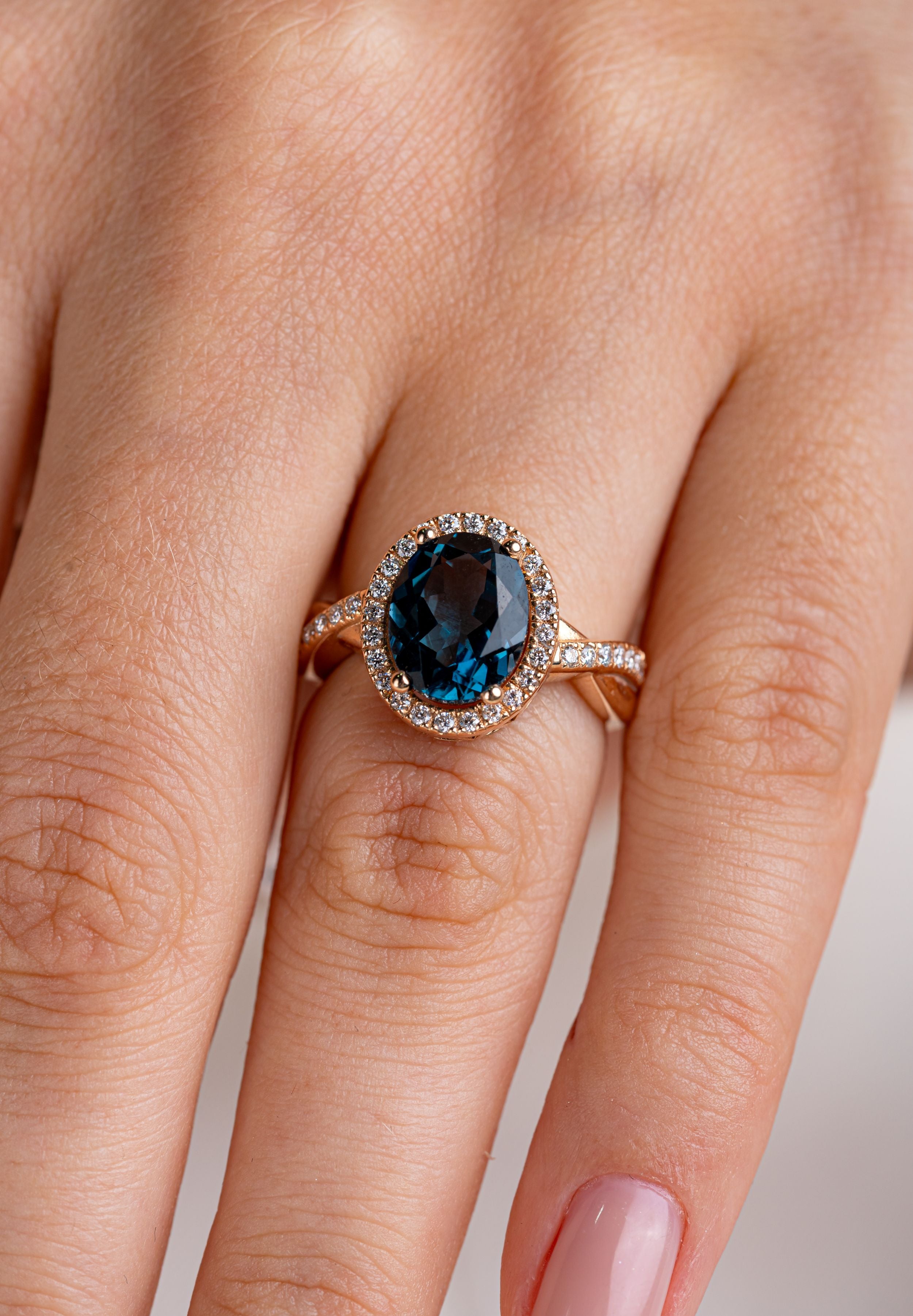 Inel LDR4009 din aur roz 14k cu london blue topaz 3.20ct si diamante naturale 0.28ct