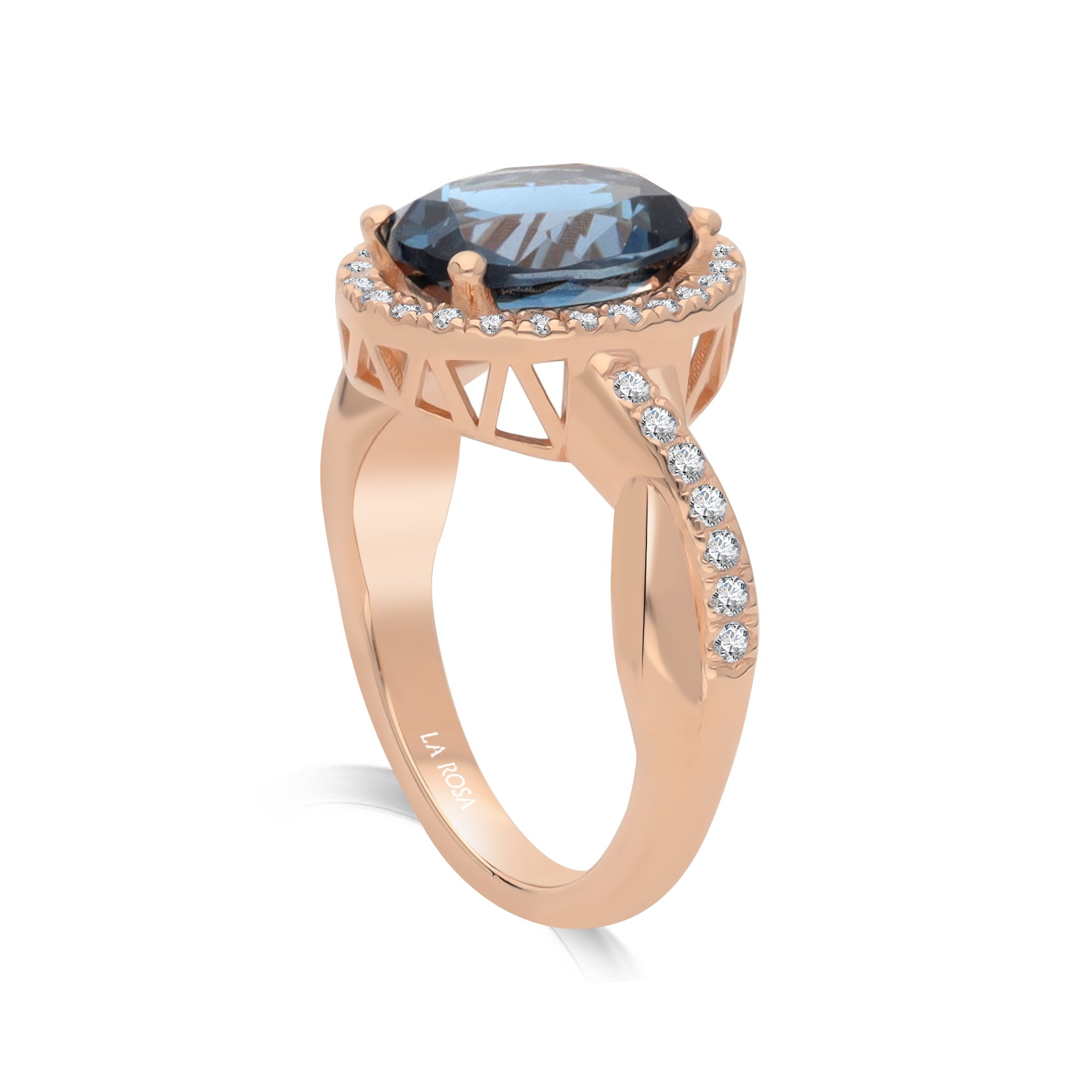 Inel din aur roz 14k cu london blue topaz 3.20ct si diamante naturale 0.28ct