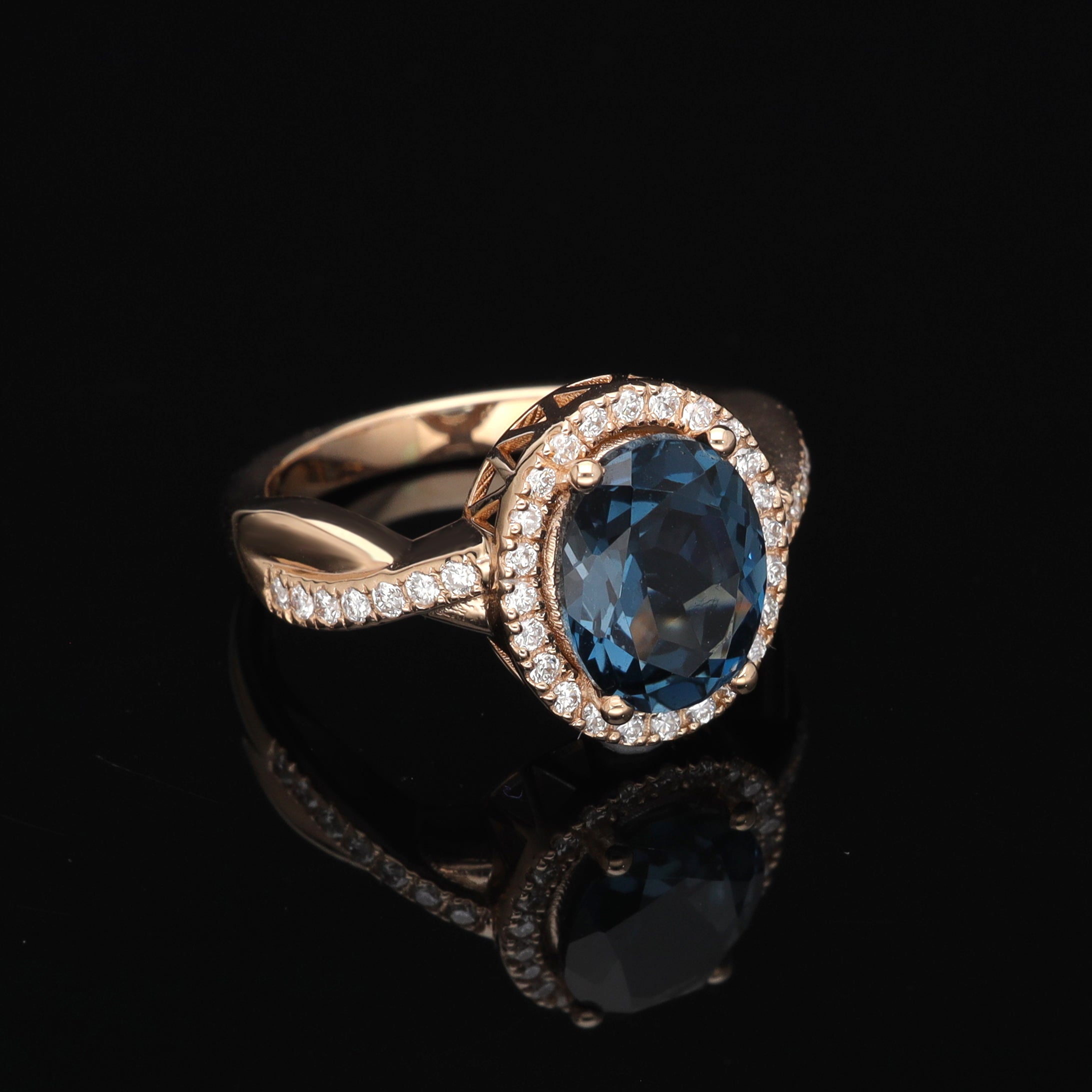 Inel din aur roz 14k cu london blue topaz 3.20ct si diamante naturale 0.28ct