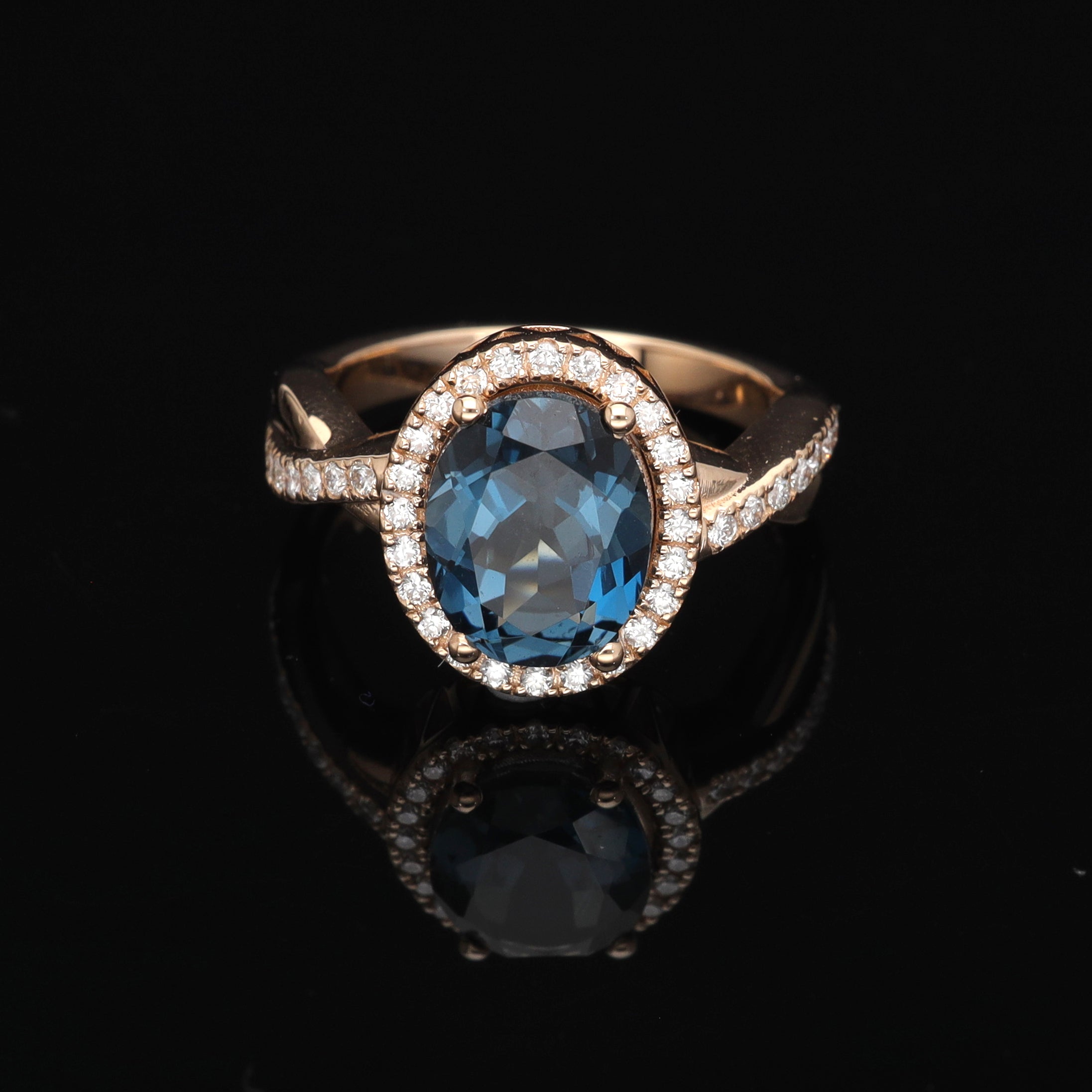 Inel din aur roz 14k cu london blue topaz 3.20ct si diamante naturale 0.28ct