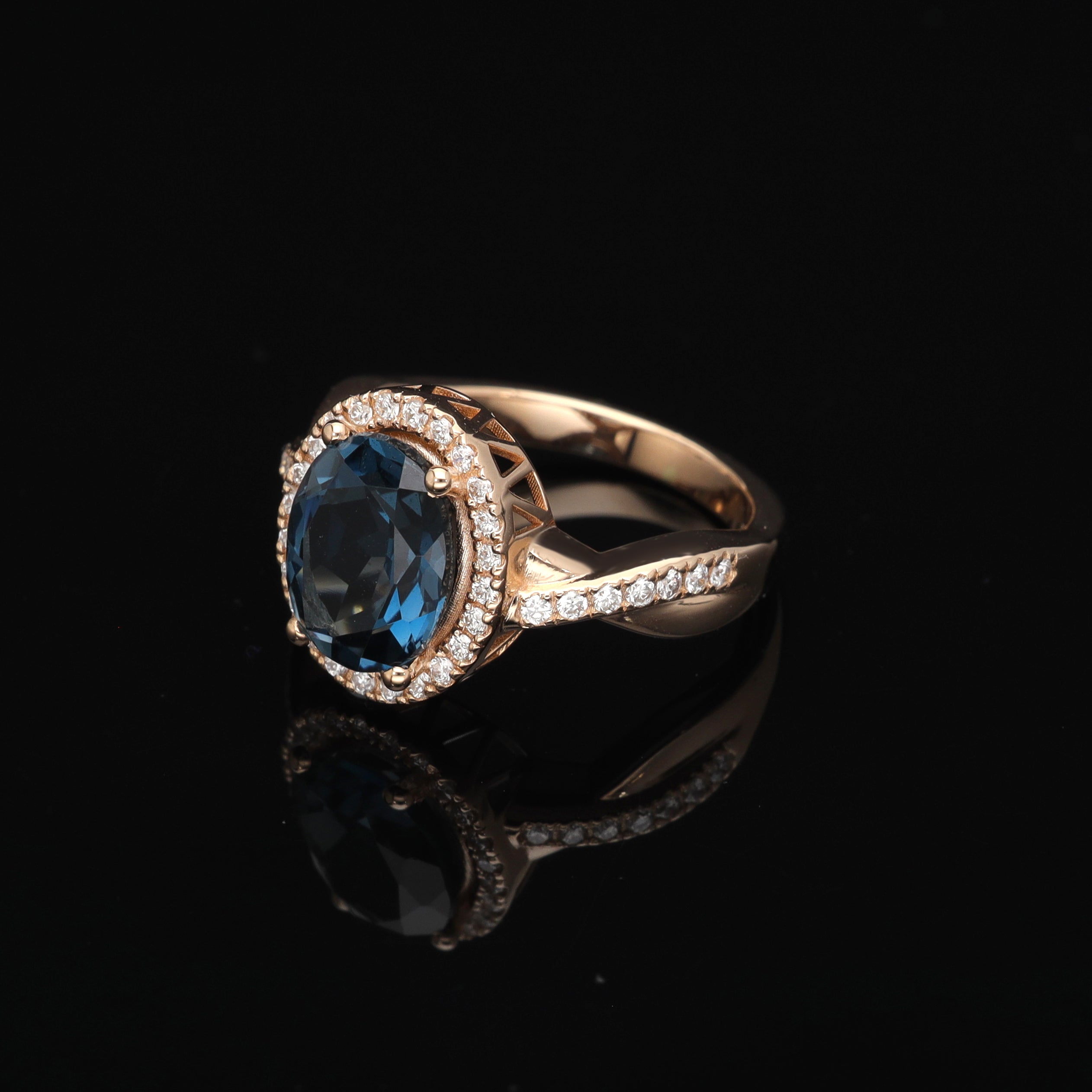 Inel din aur roz 14k cu london blue topaz 3.20ct si diamante naturale 0.28ct