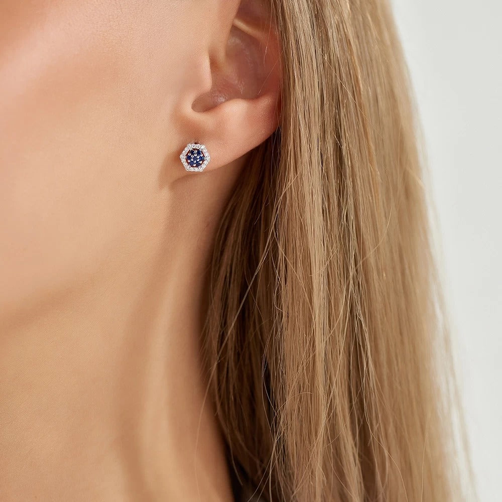 Cercei LRSNE109 din aur alb 14K cu diamante si safir - Bijuterii LA ROSA