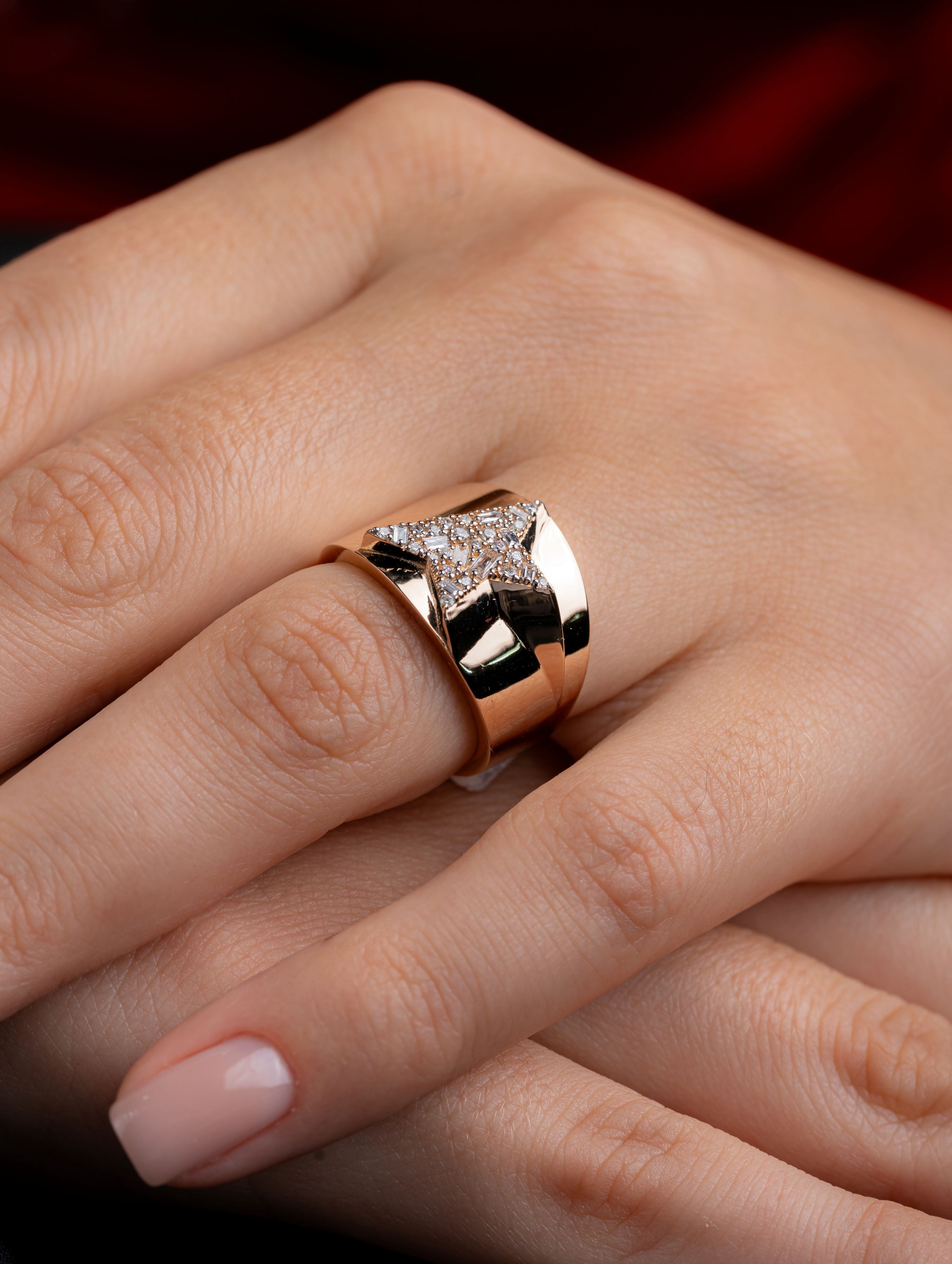 Inel stea LRSR0001 aur roz 14k cu diamante naturale rotunde 0.11ct si diamante naturale baguette 0.11ct