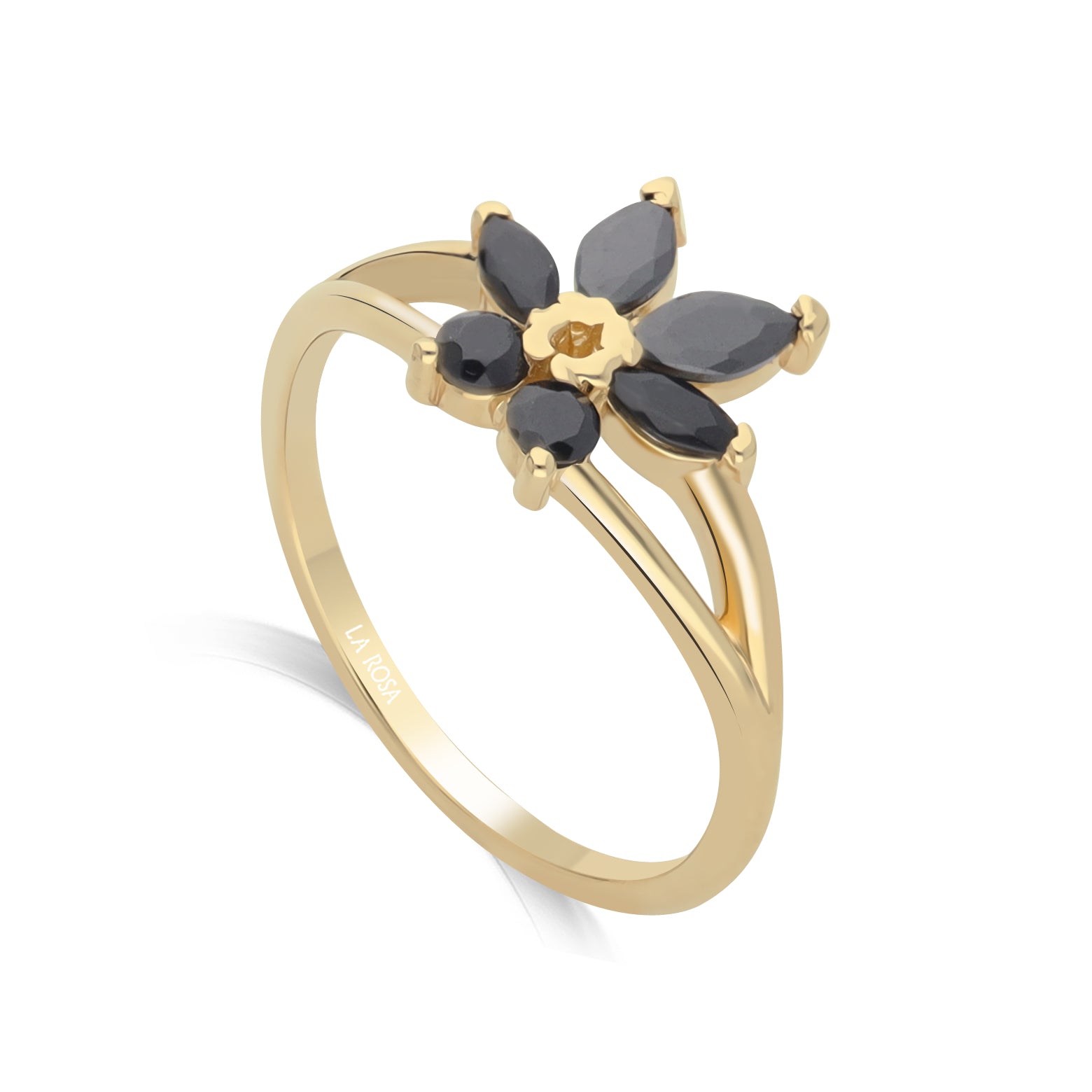 Inel floare din aur galben 14k cu diamante naturale negre 0.75ct