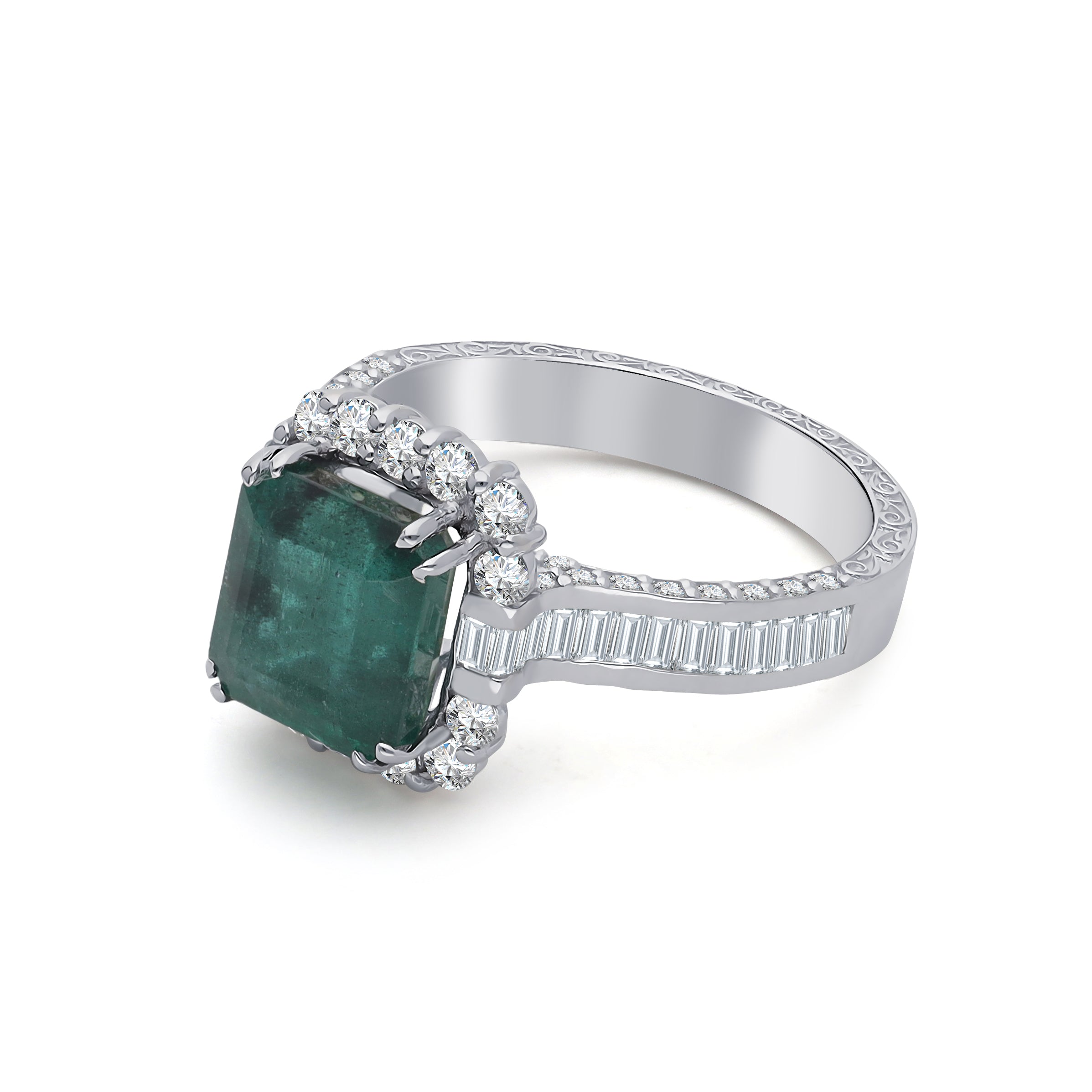 Inel LRSR509 aur alb 18k cu smarald 3.15ct si diamante naturale 0.48ct si 0.65ct