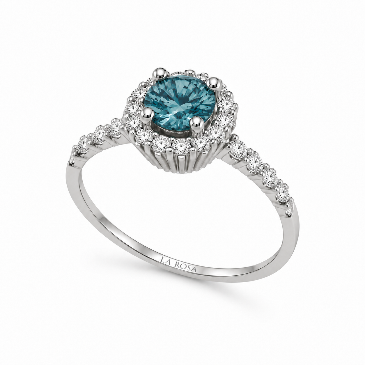 Inel de logodna halo LRY017 aur alb 18k cu diamant natural albastru 1.31ct