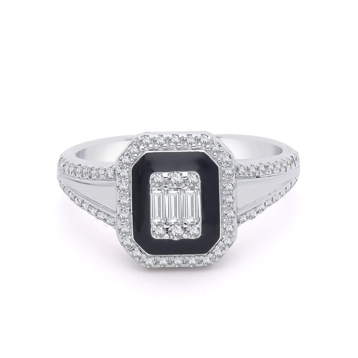 Inel dublu ring MD18776 din aur alb 14k cu email negru si diamante - Bijuterii LA ROSA