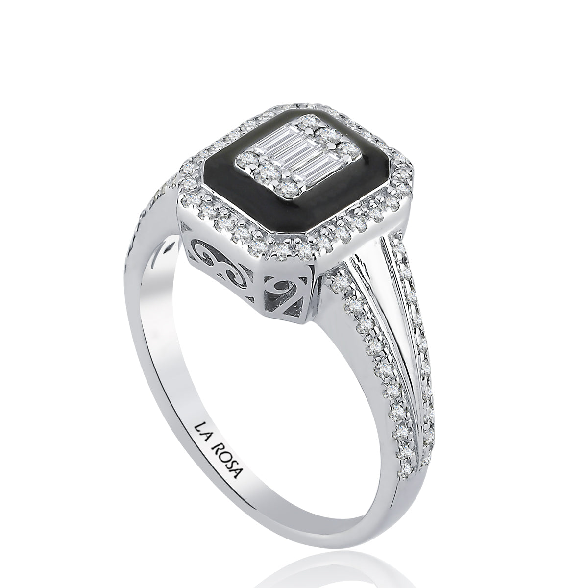 Inel dublu ring MD18776 din aur alb 14k cu email negru si diamante - Bijuterii LA ROSA