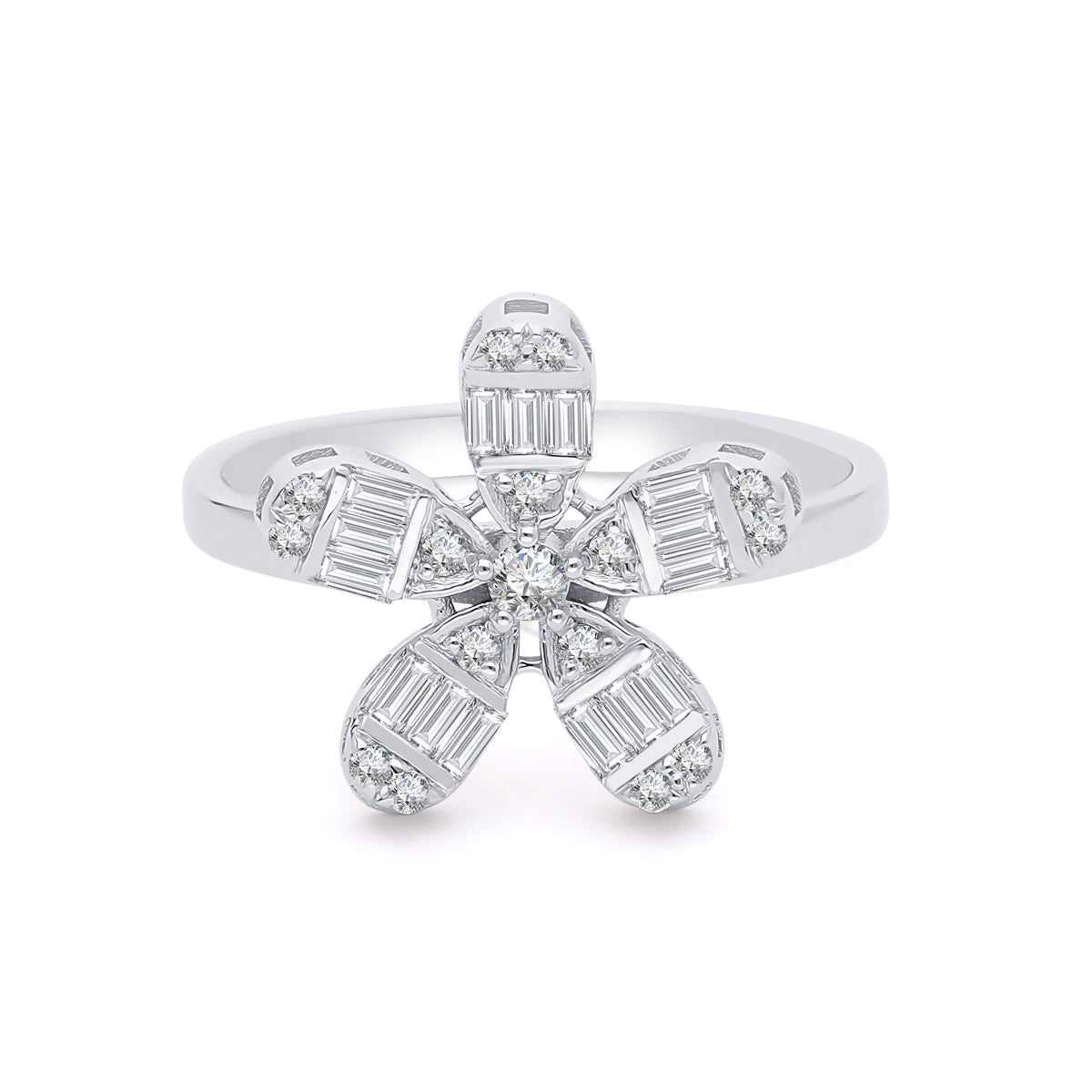 Inel MD43571 DIN AUR ALB 14K FORMA FLOARE CU DIAMANTE BAGHETA - Bijuterii LA ROSA