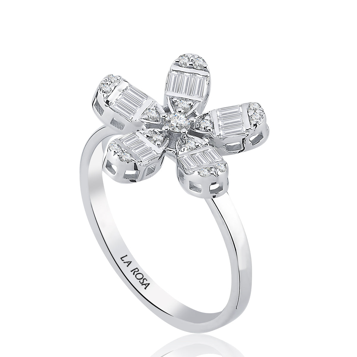 Inel MD43571 DIN AUR ALB 14K FORMA FLOARE CU DIAMANTE BAGHETA - Bijuterii LA ROSA