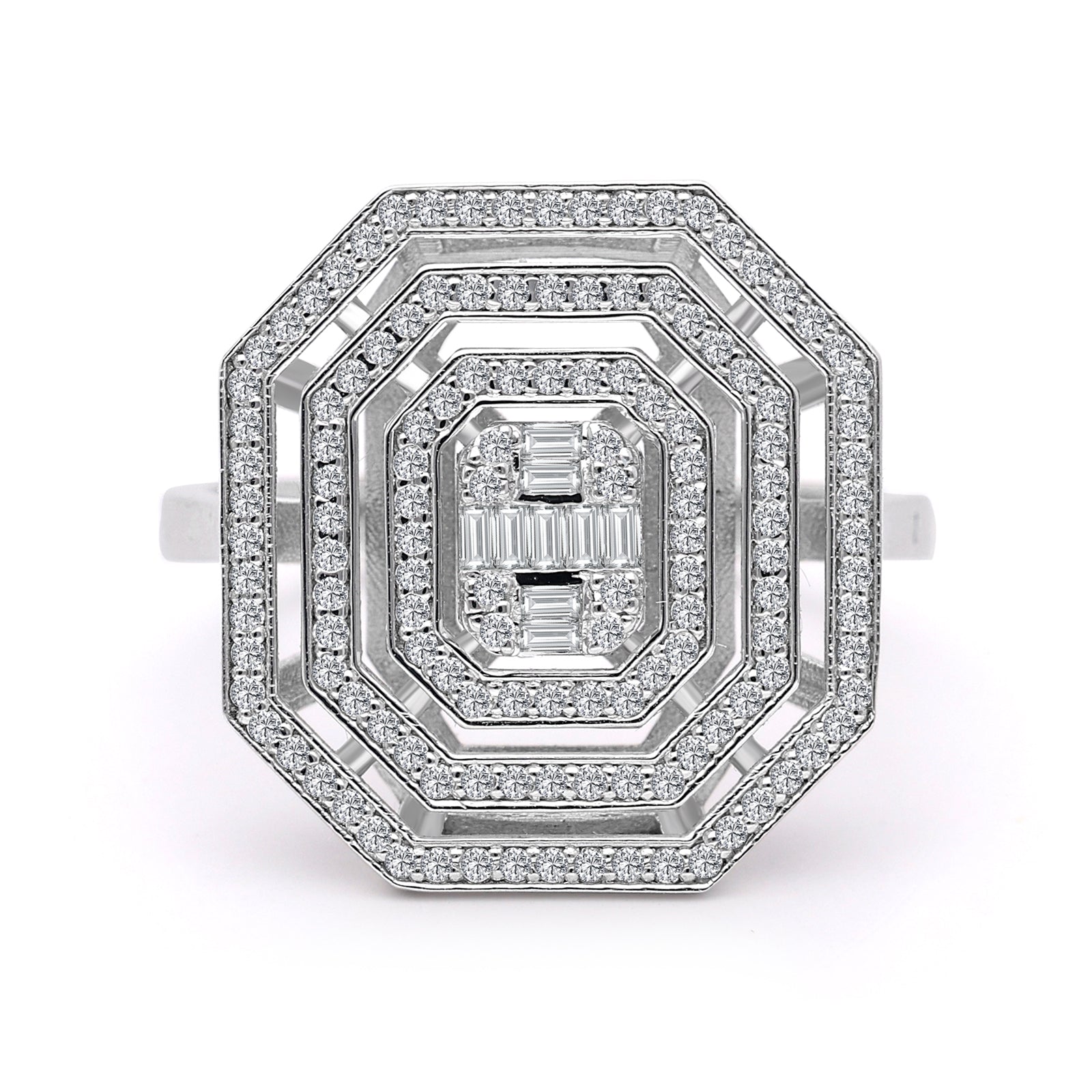 INEL R006442 TRIPLU MOUNT HEXAGON DIN AUR ALB 14K CU DIAMANTE - Bijuterii LA ROSA