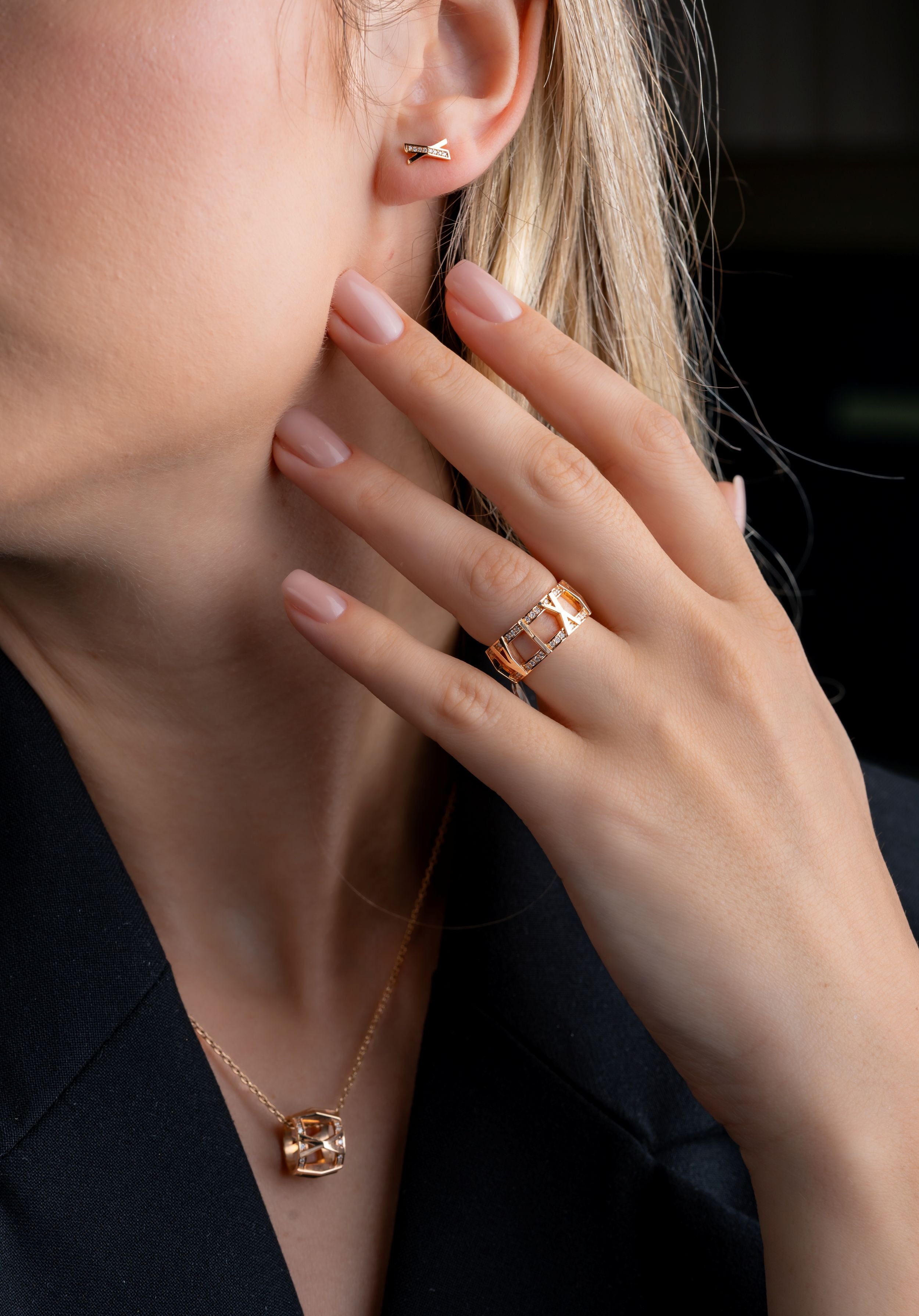 Cercei TF0014E din aur roz 14k forma X cu diamante naturale