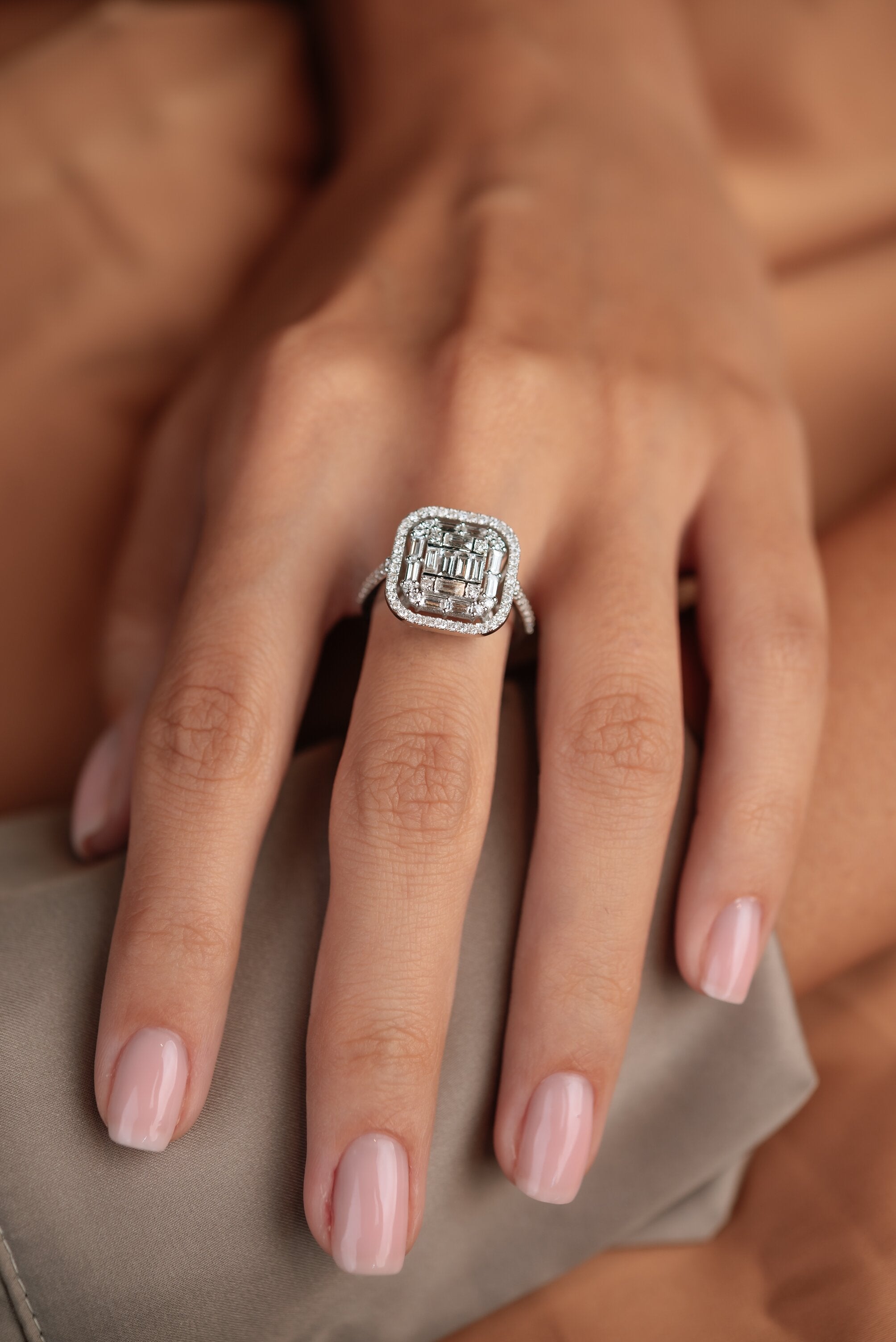 Inel montura Baguette din aur alb 14k cu diamante - Bijuterii LA ROSA