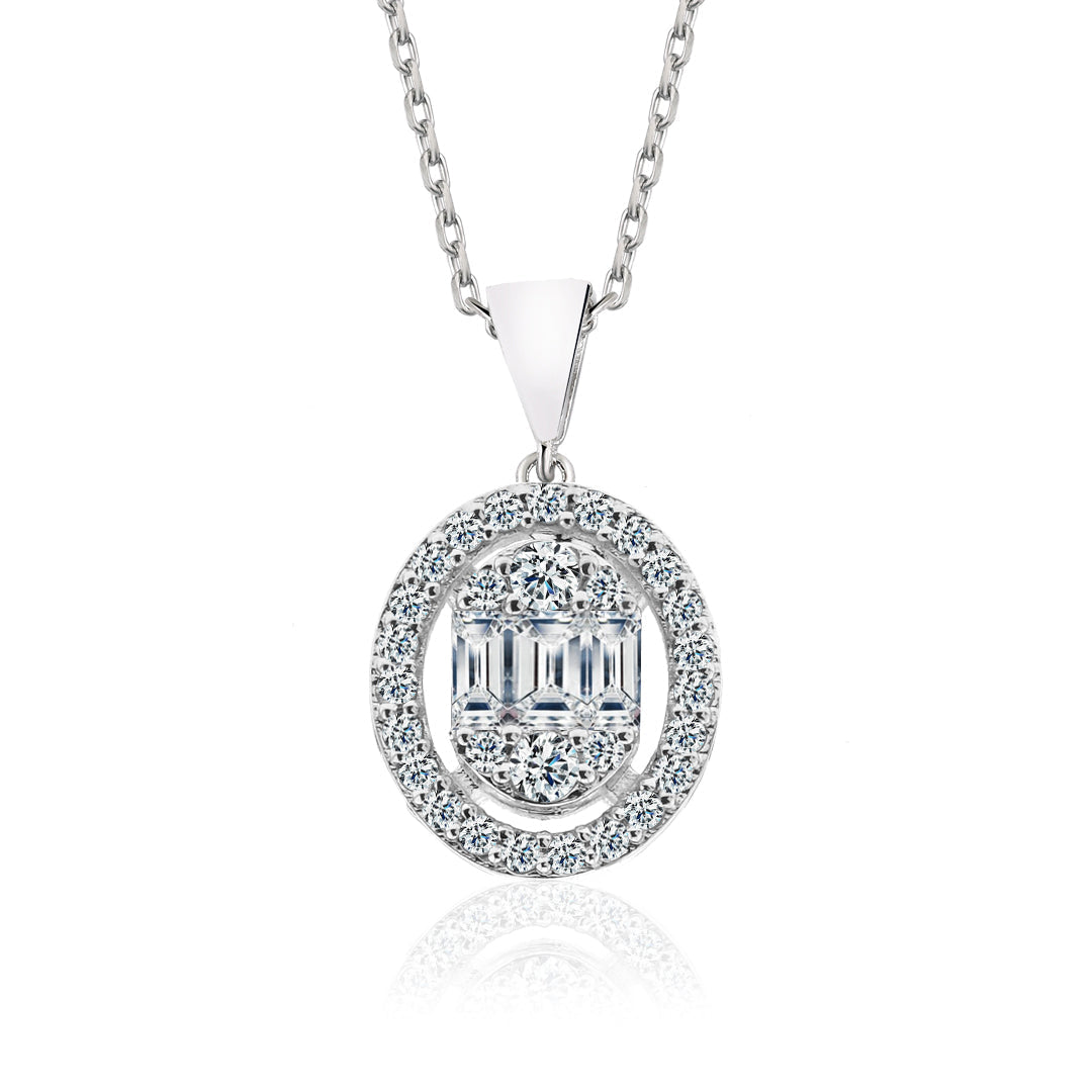 Colier Oval din aur alb de 14k cu diamante baghete - Bijuterii LA ROSA