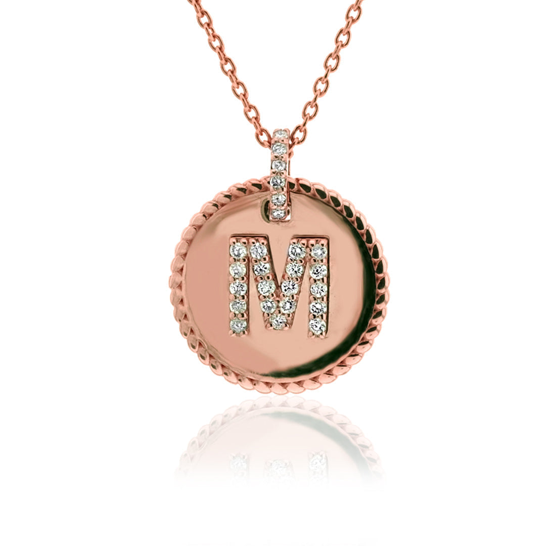 Colier cu initiala M rotund din aur galben de 14k cu diamante - Bijuterii LA ROSA