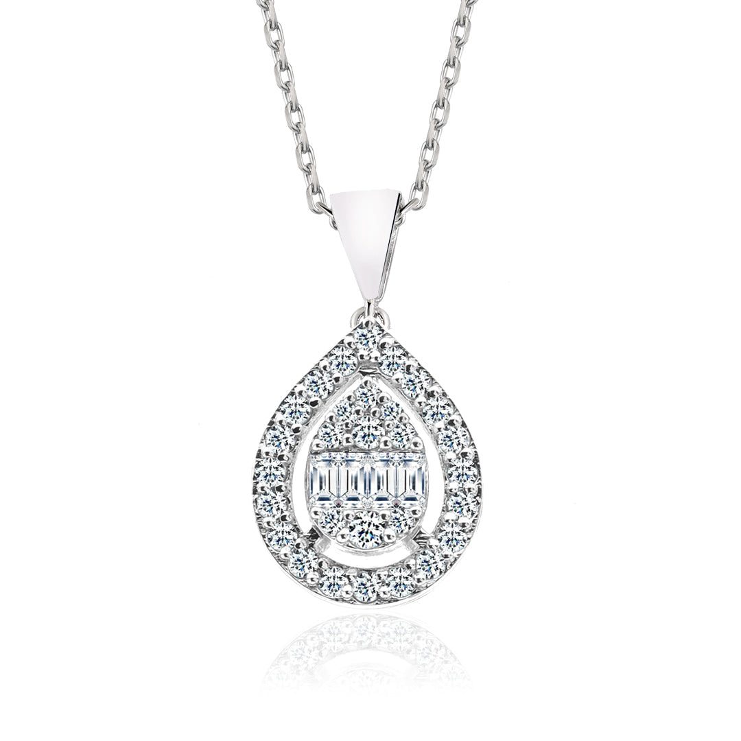 Colier Lacrima din aur alb de 14k cu diamante baghete - Bijuterii LA ROSA