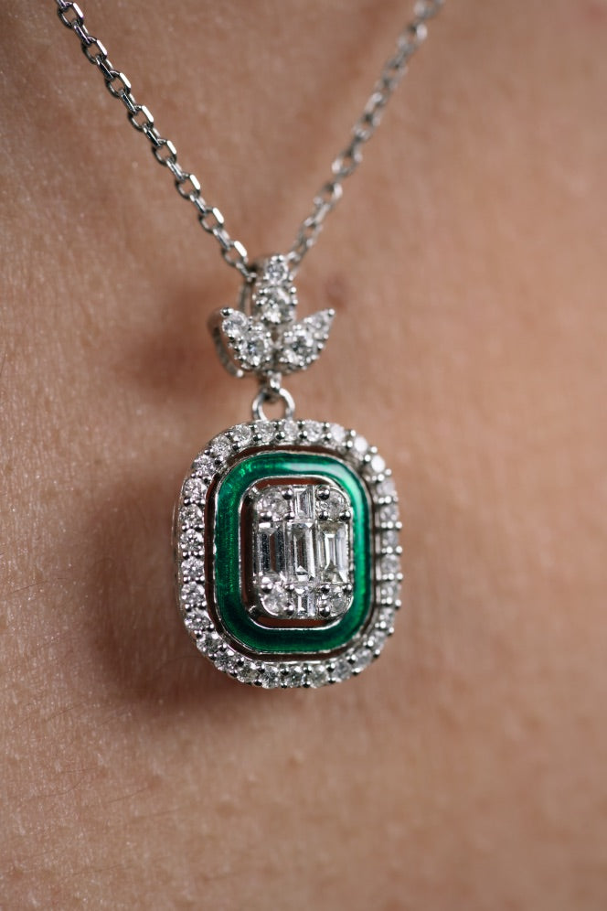Colier din aur alb 14k cu email verde si diamante baghete - Bijuterii LA ROSA