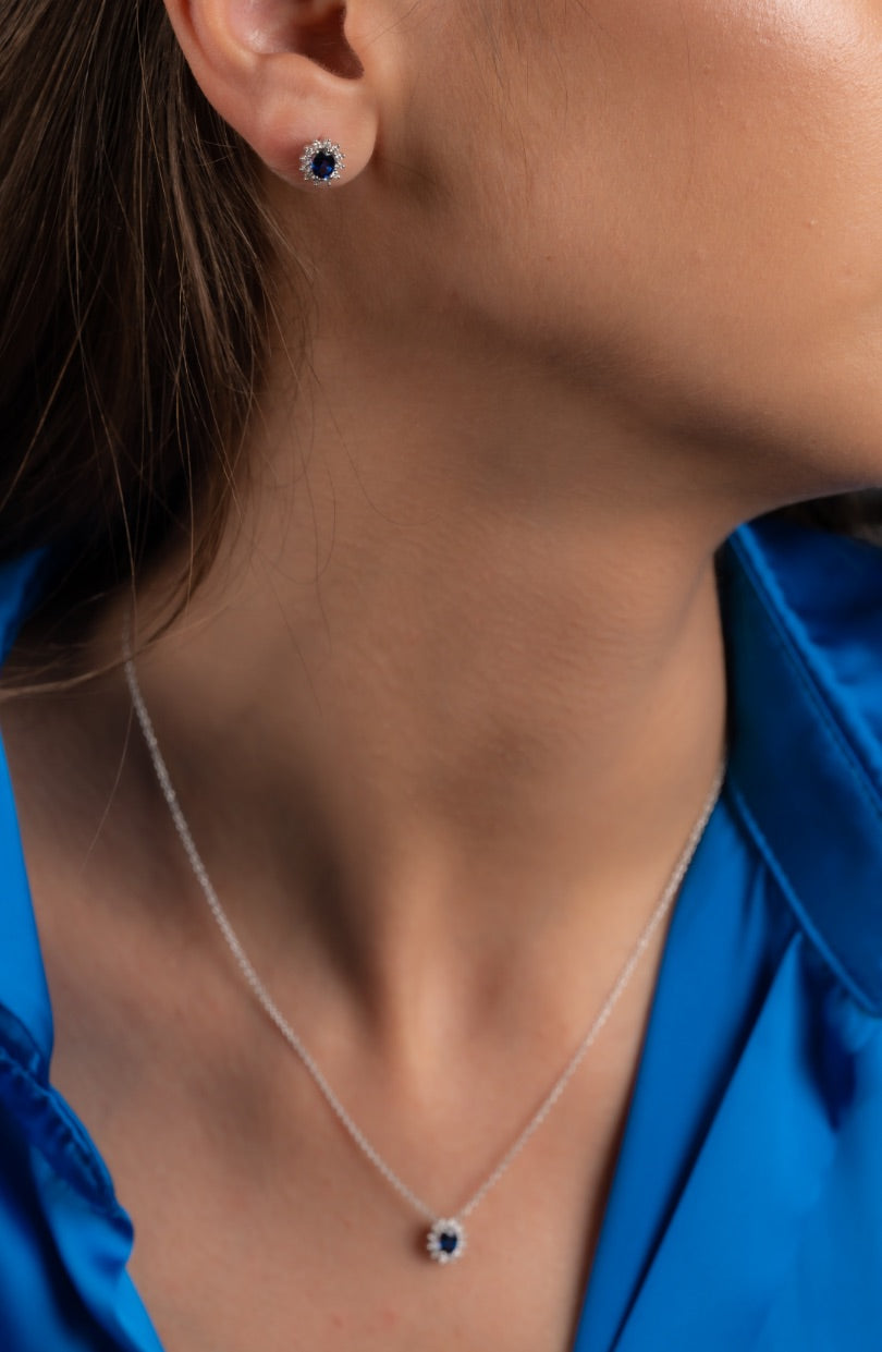 CERCEI KP19705 DIN AUR ALB 18K FORMA OVALA CU DIAMANTE SI SAFIR - Bijuterii LA ROSA