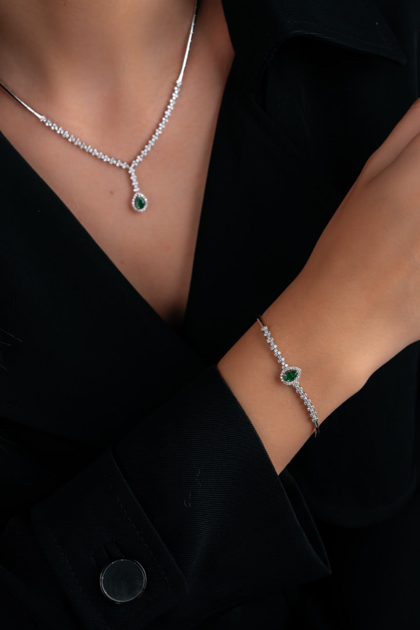 BRATARA LDBA0057 DIN AUR ALB 18K FORMA PARA CU DIAMANTE SI SMARALD - Bijuterii LA ROSA