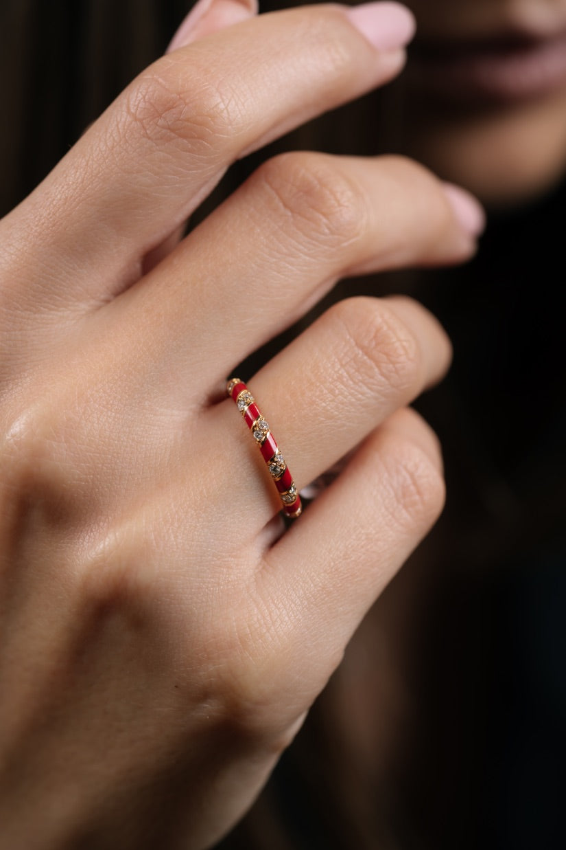 Inel din aur roz de 18k cu diamante si email aramiu - Bijuterii LA ROSA