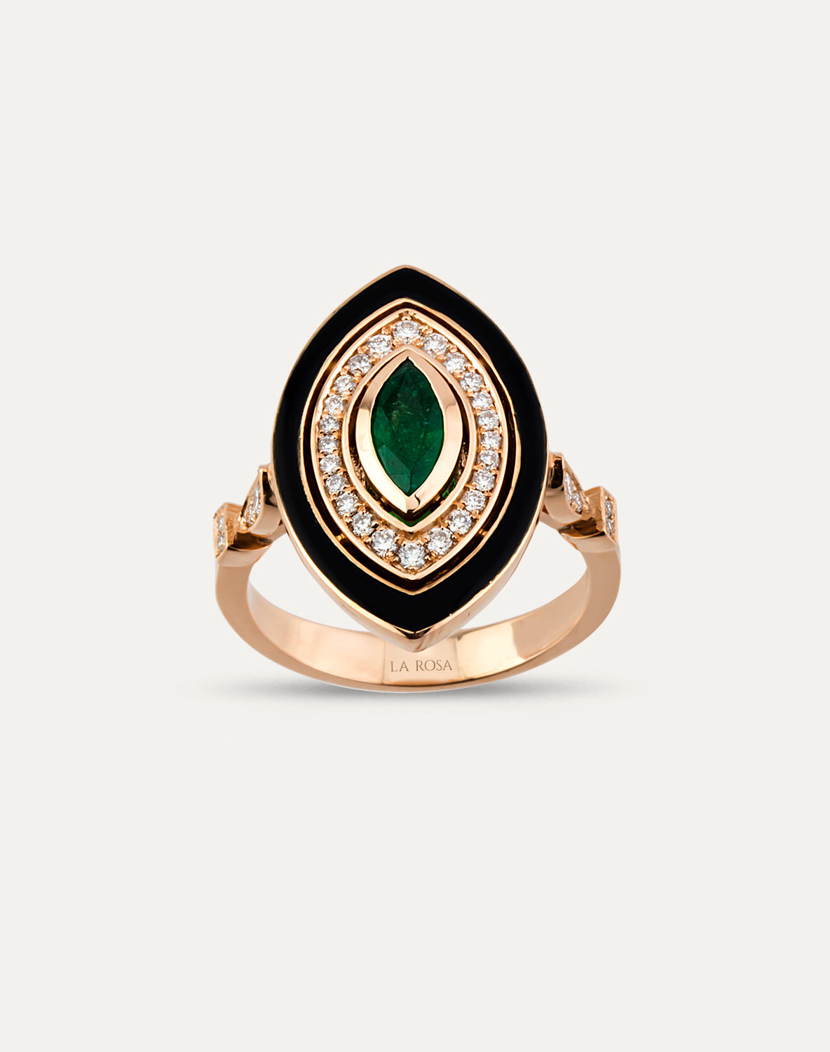 Inel din aur roz 18k cu diamante, smarald si email negru - Bijuterii LA ROSA
