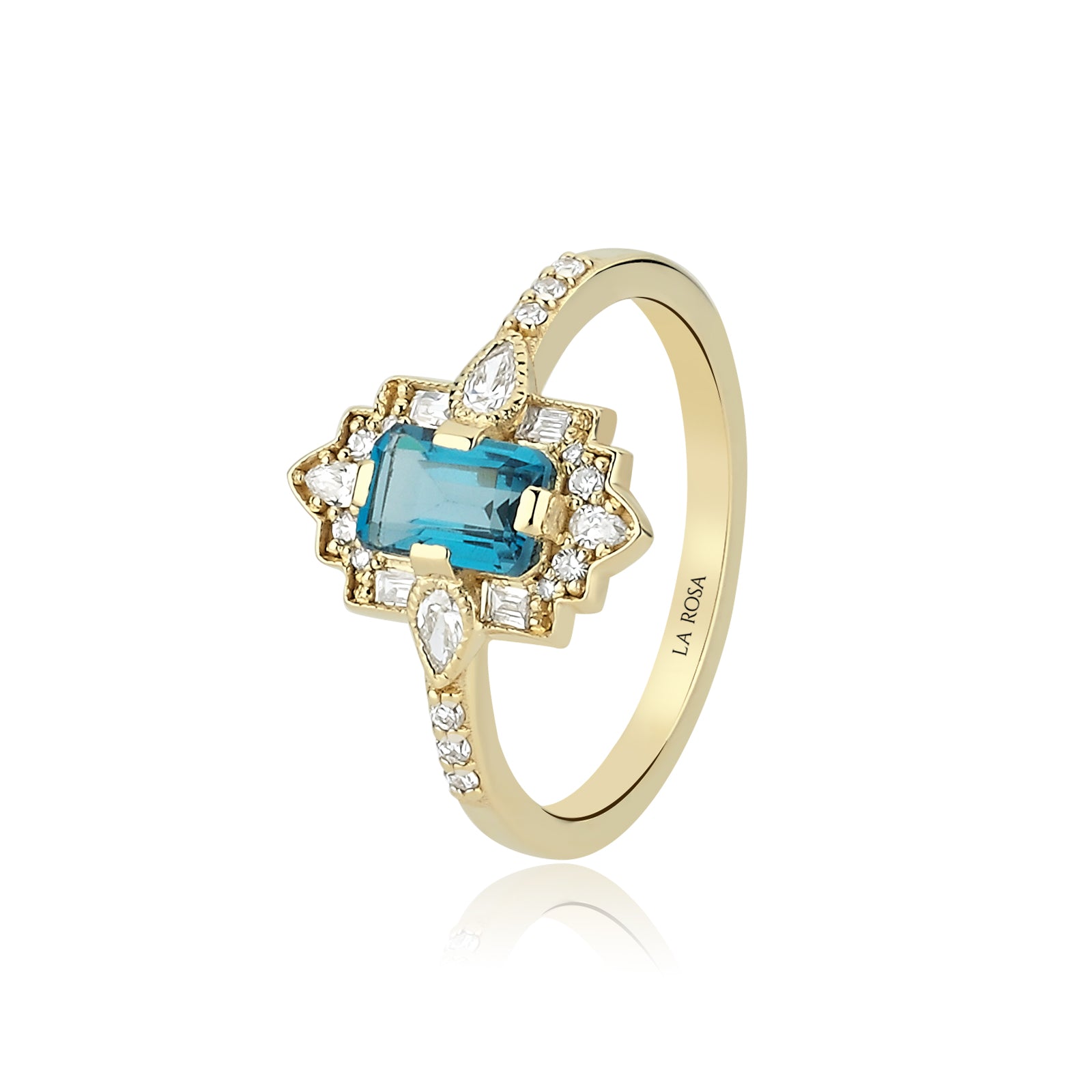 INEL R000142 DIN AUR GALBEN 14K CU DIAMANTE SI LONDON BLUE TOPAZ - Bijuterii LA ROSA