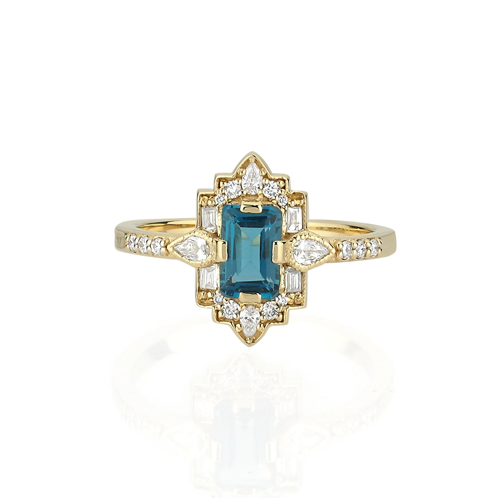 INEL R000142 DIN AUR GALBEN 14K CU DIAMANTE SI LONDON BLUE TOPAZ - Bijuterii LA ROSA