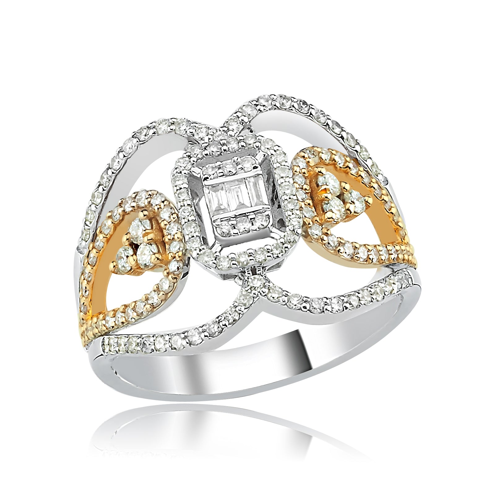 INEL R002584 DIN AUR ALB SI ROZ 14K FORMA DREPTUNGHIULARA CU DIAMANTE - Bijuterii LA ROSA