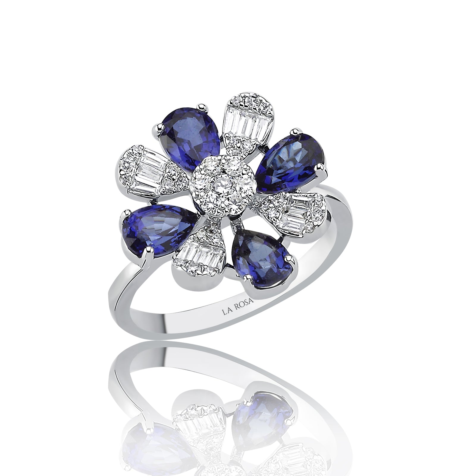 INEL R002936 DIN AUR ALB 14K FORMA FLOARE CU SAFIR SI DIAMANTE - Bijuterii LA ROSA