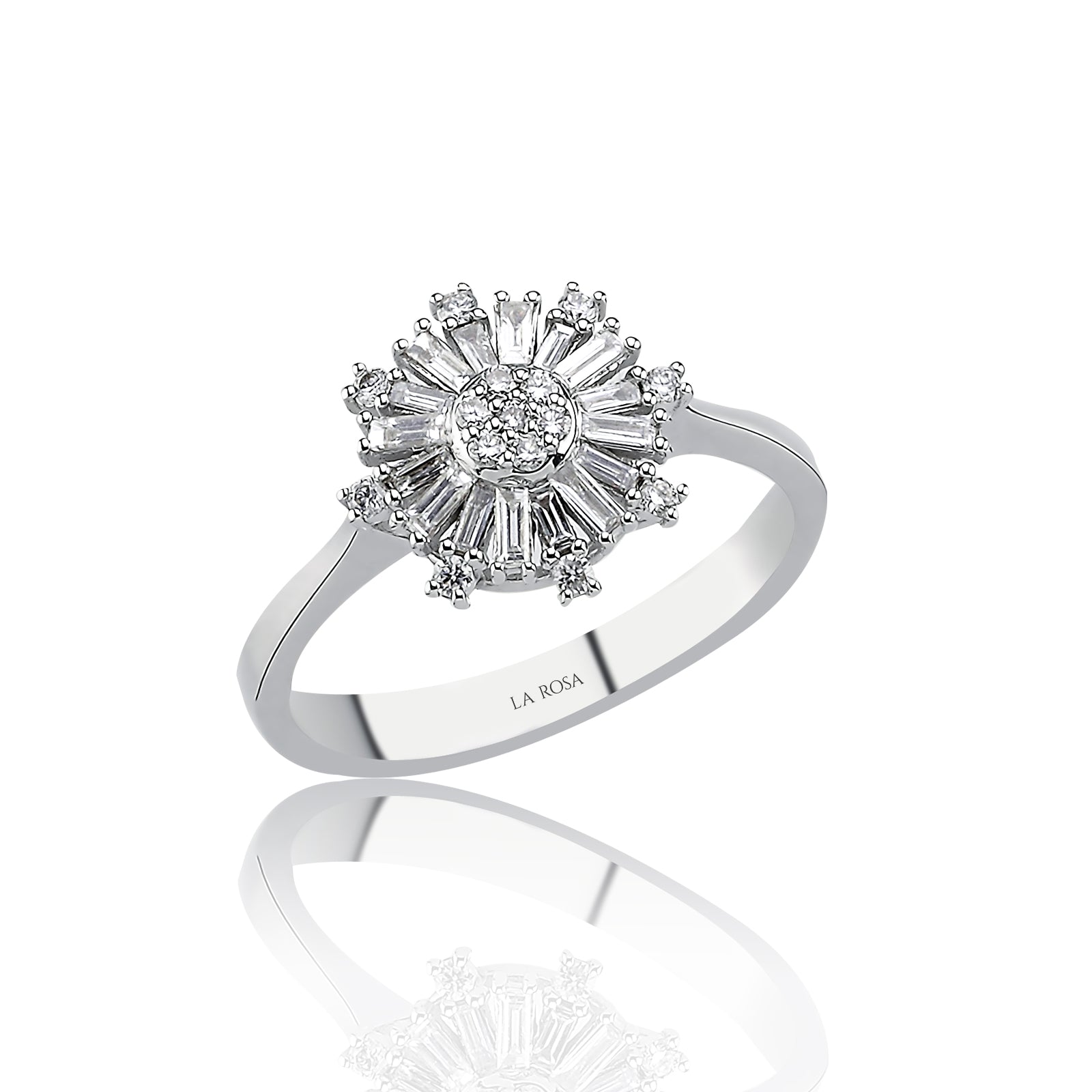 INEL R004156 DIN AUR ALB 14K FORMA FLOARE CU DIAMANTE BAGHETE - Bijuterii LA ROSA
