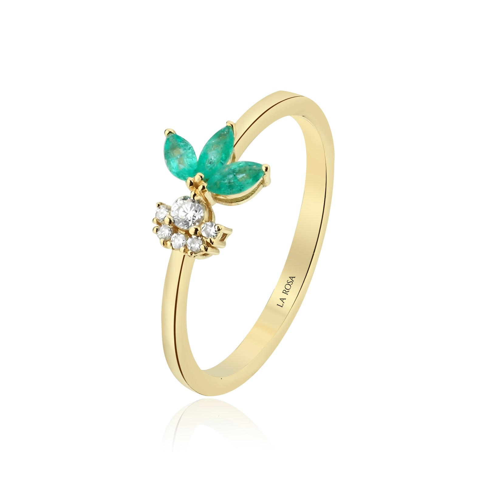 Inel R000464 din aur galben 14k cu diamante si smaralde forma marquise - Bijuterii LA ROSA